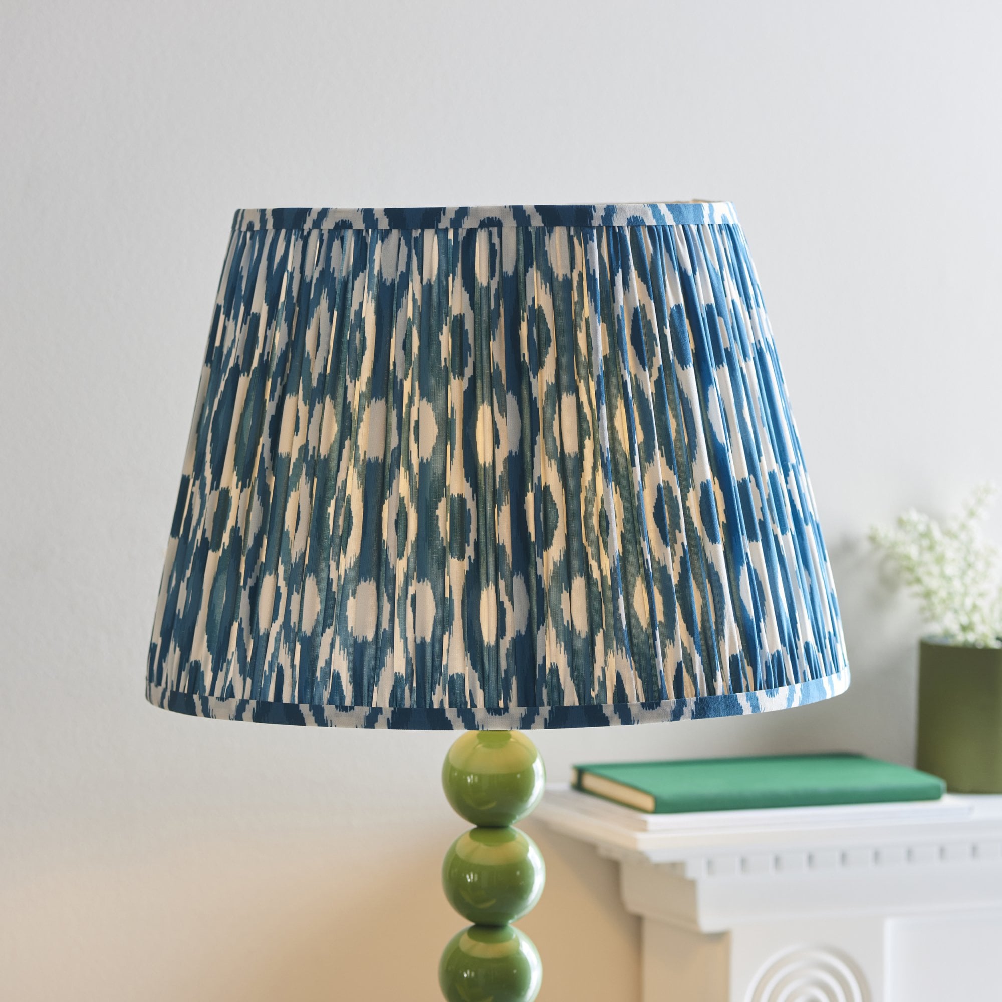 Endon Higgledy Gloss Cotswold Green Floor Lamp & Ikat 40cm Marlin Blue Shade
