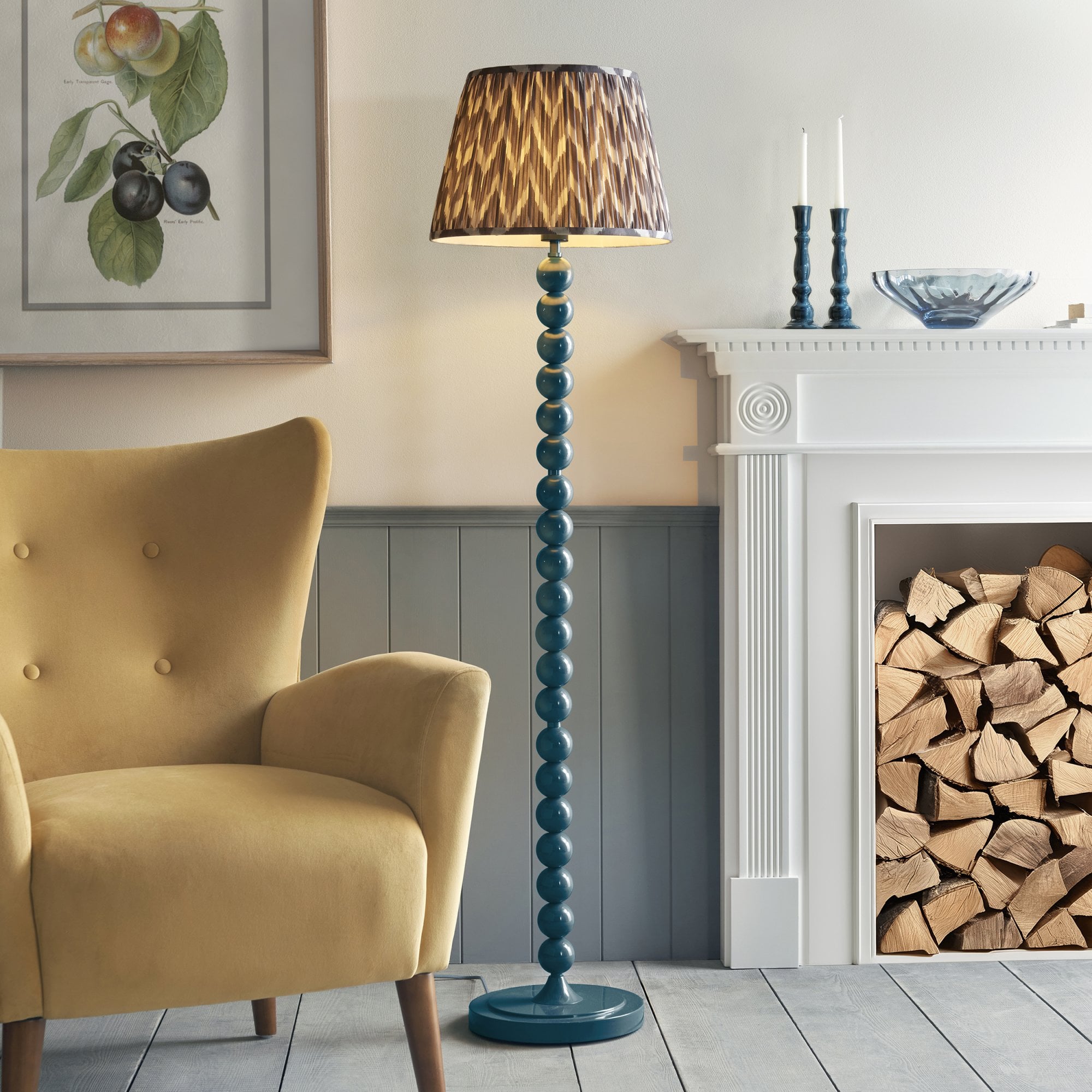 Endon Higgledy Gloss Marlin Blue Floor Lamp & Zigzag 40cm Pearl Grey Shade