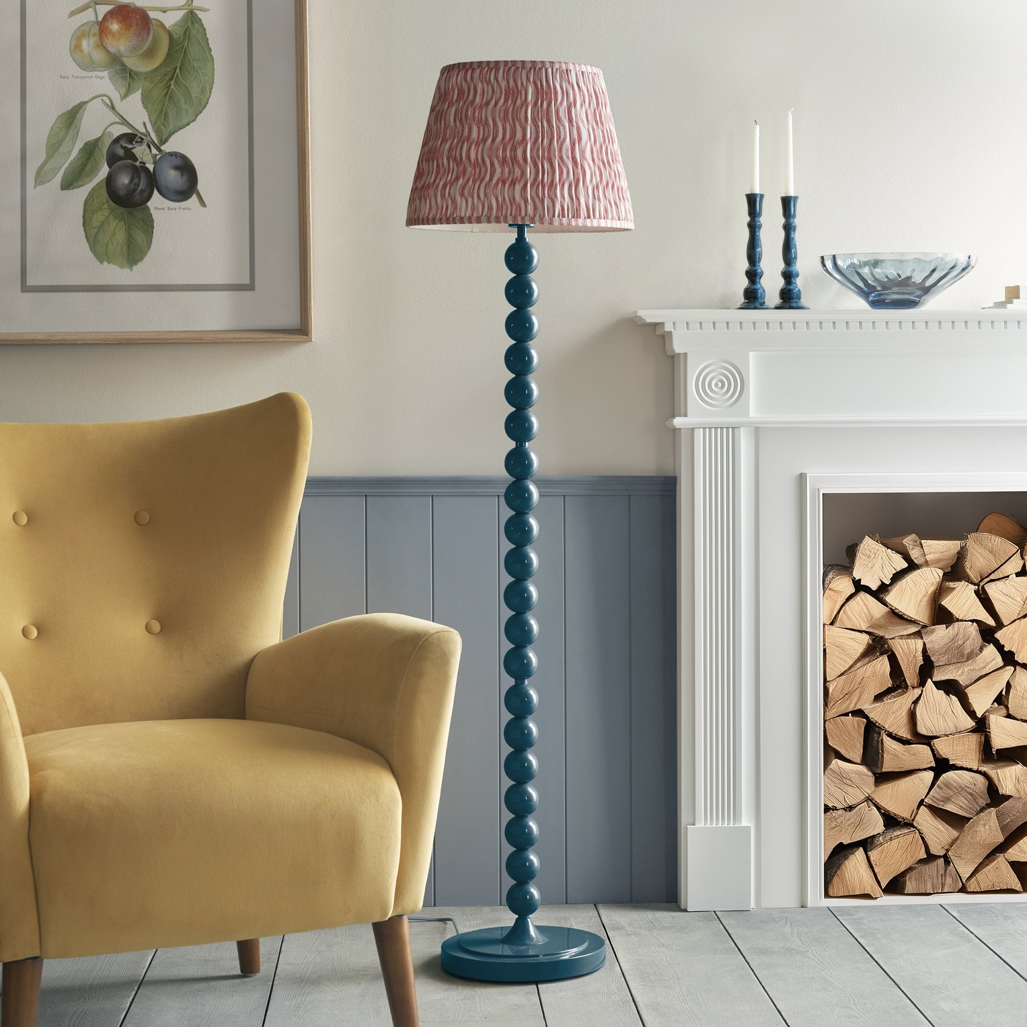 Endon Higgledy Gloss Marlin Blue Floor Lamp & Ripple 40cm Coral Pink Shade