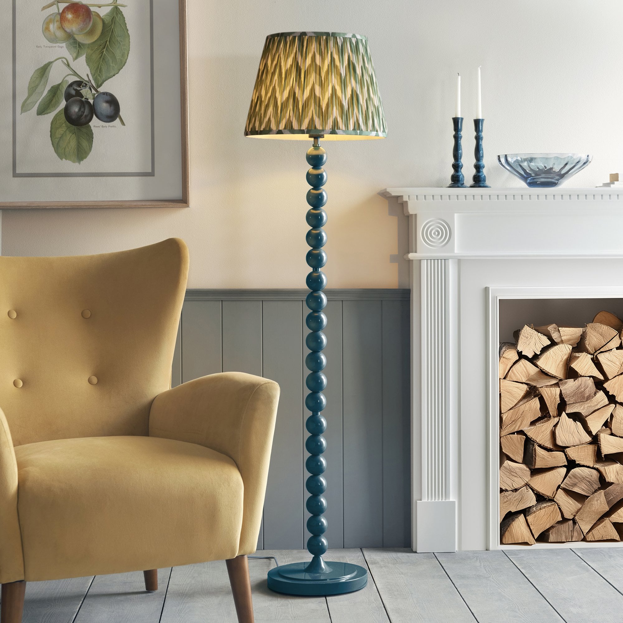 Endon Higgledy Gloss Marlin Blue Floor Lamp & Zigzag 40cm Cotswold Green Shade