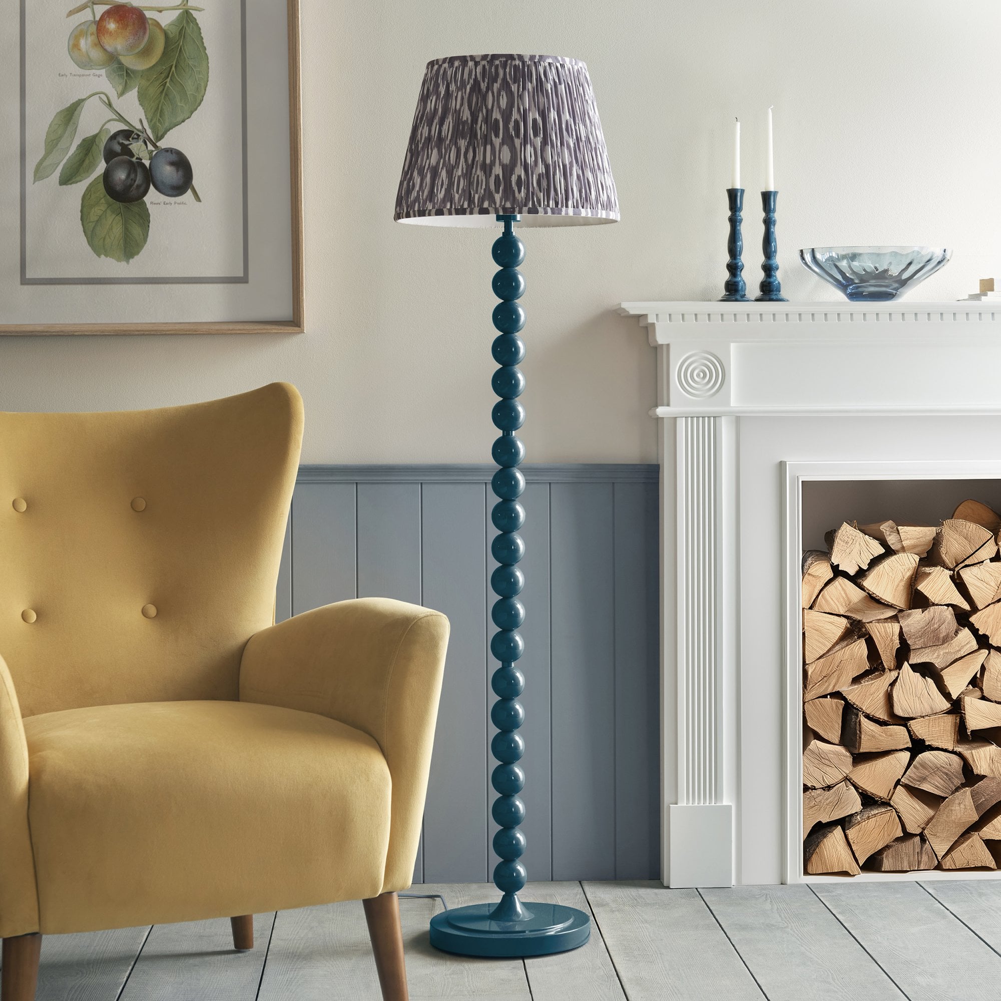 Endon Higgledy Gloss Marlin Blue Floor Lamp & Ikat 40cm Pearl Grey Shade