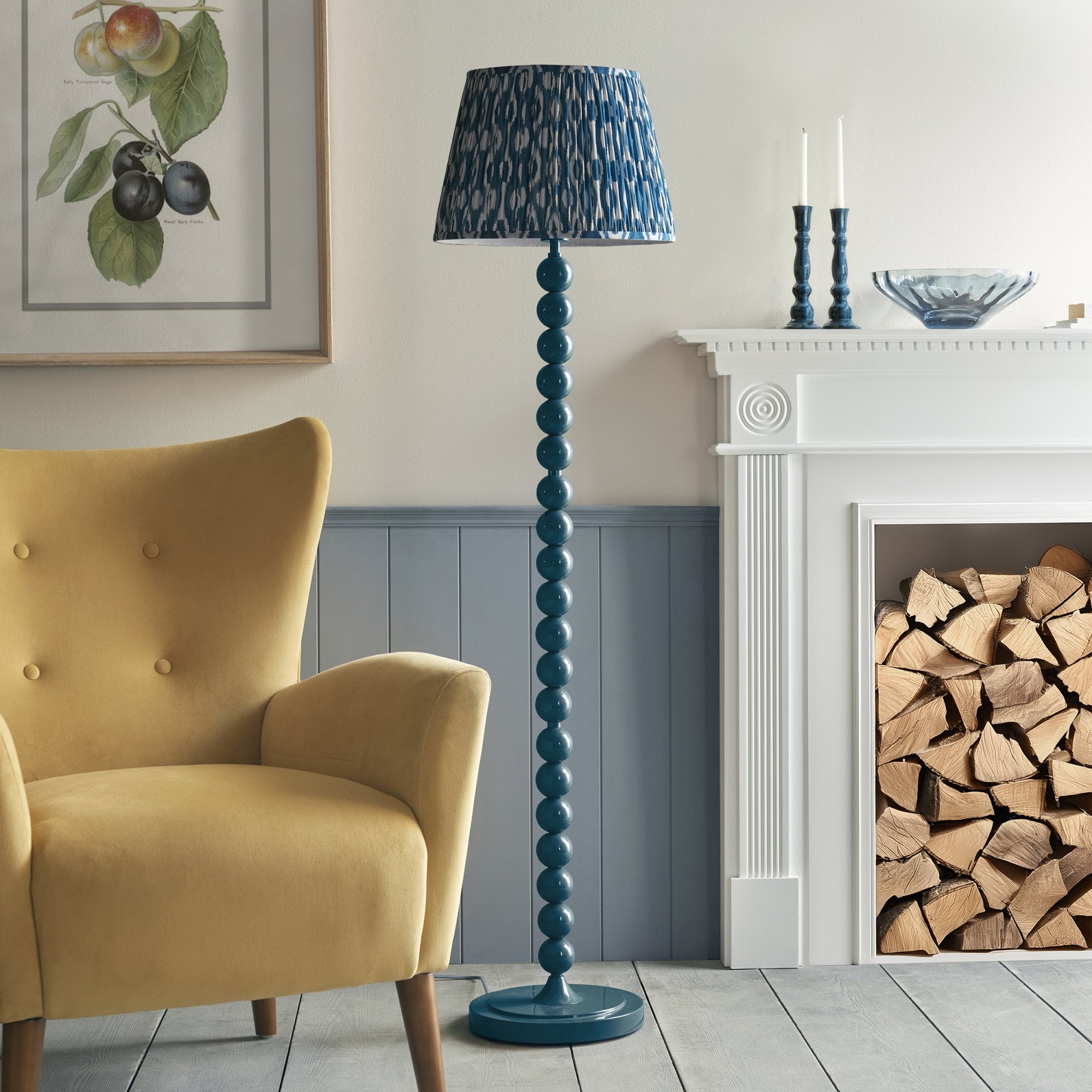 Endon Higgledy Gloss Marlin Blue Floor Lamp & Ikat 40cm Marlin Blue Shade