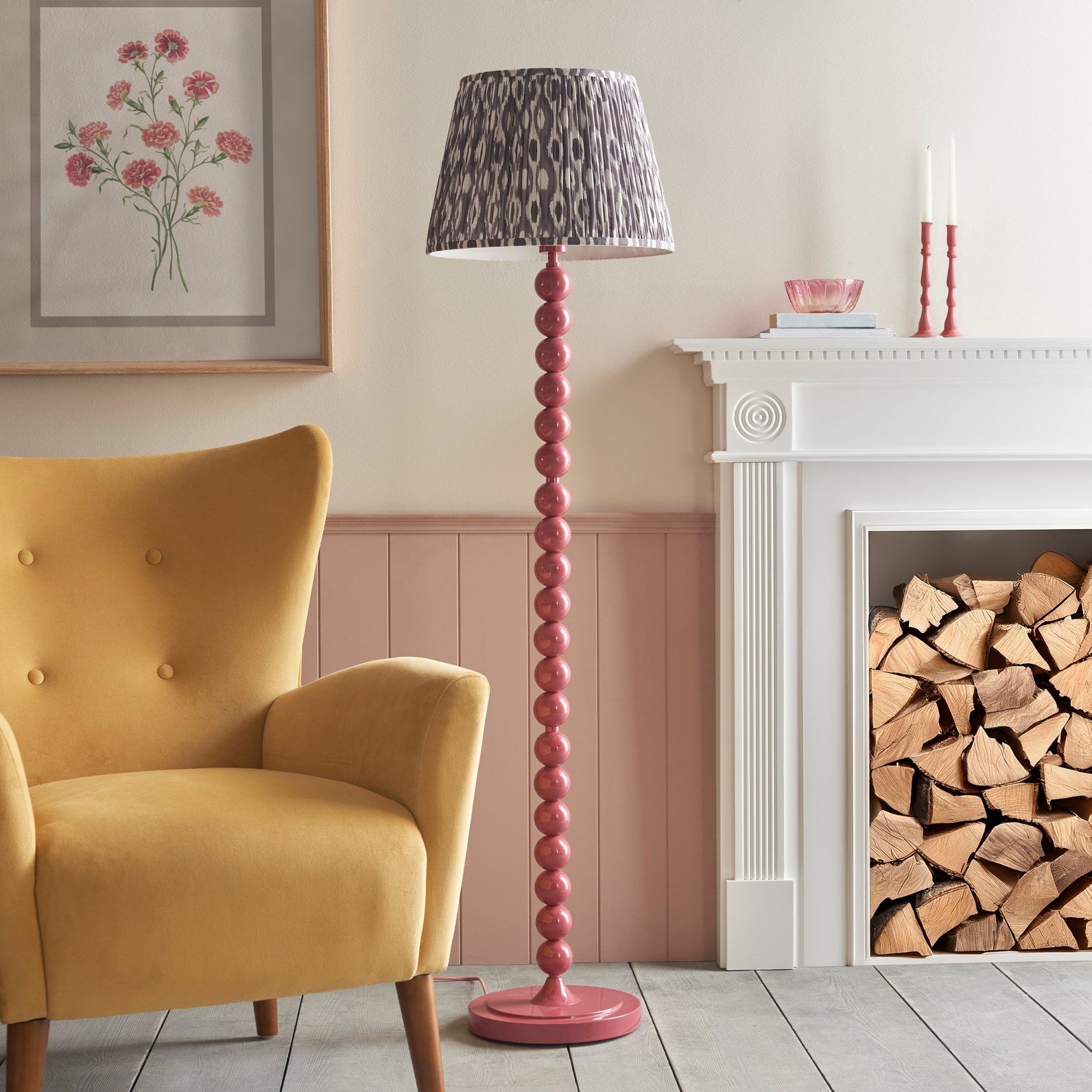 Endon Higgledy Gloss Pink Clay Floor Lamp & Ikat 40cm Pearl Grey Shade