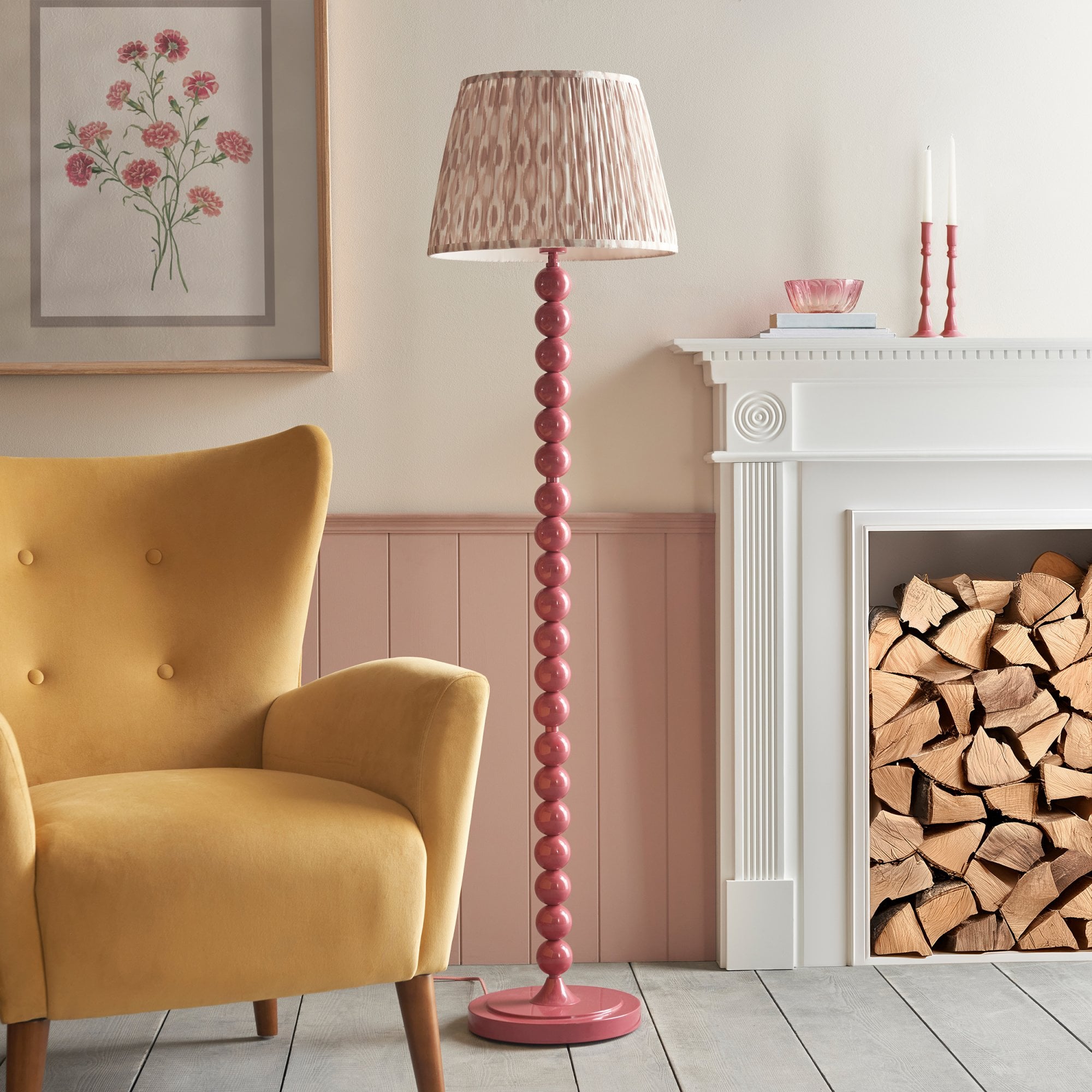 Endon Higgledy Gloss Pink Clay Floor Lamp & Ikat 40cm Neutral Shade