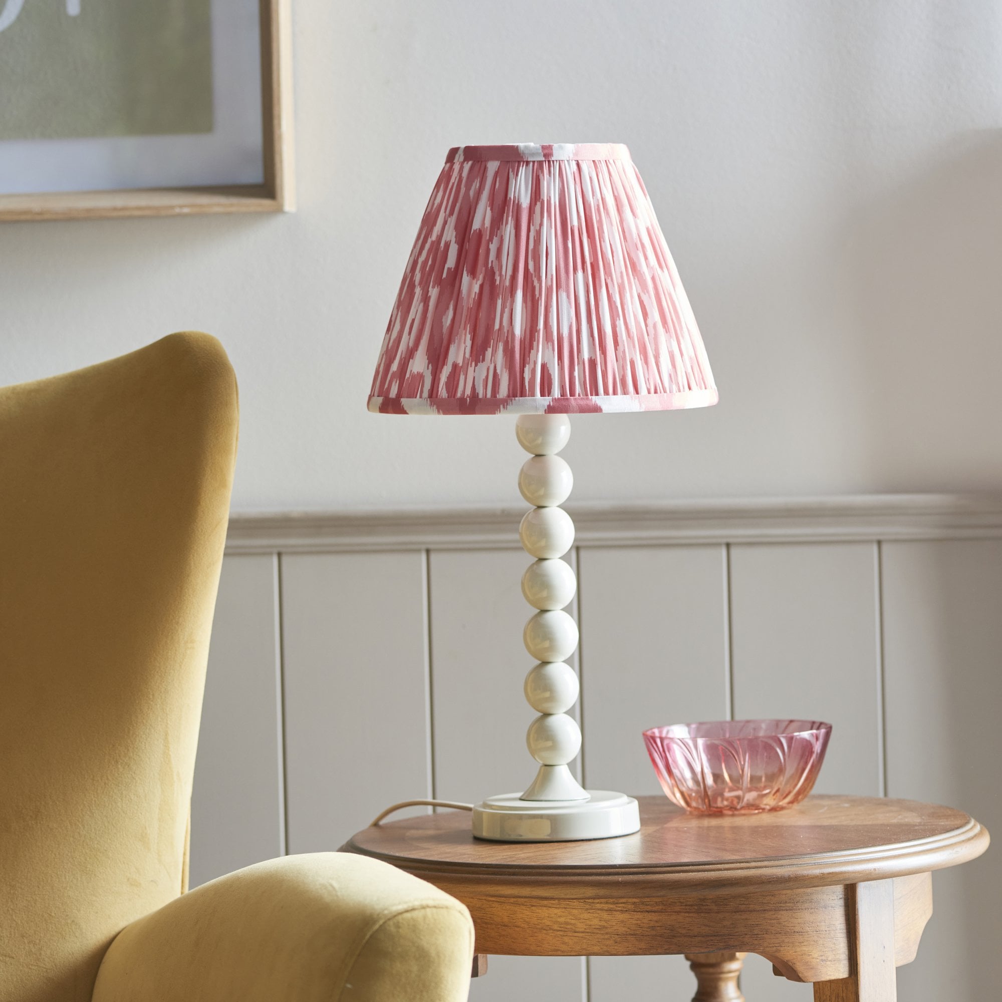 Endon Higgledy Gloss Almond White Table Lamp & Ikat 25cm Coral Pink Shade