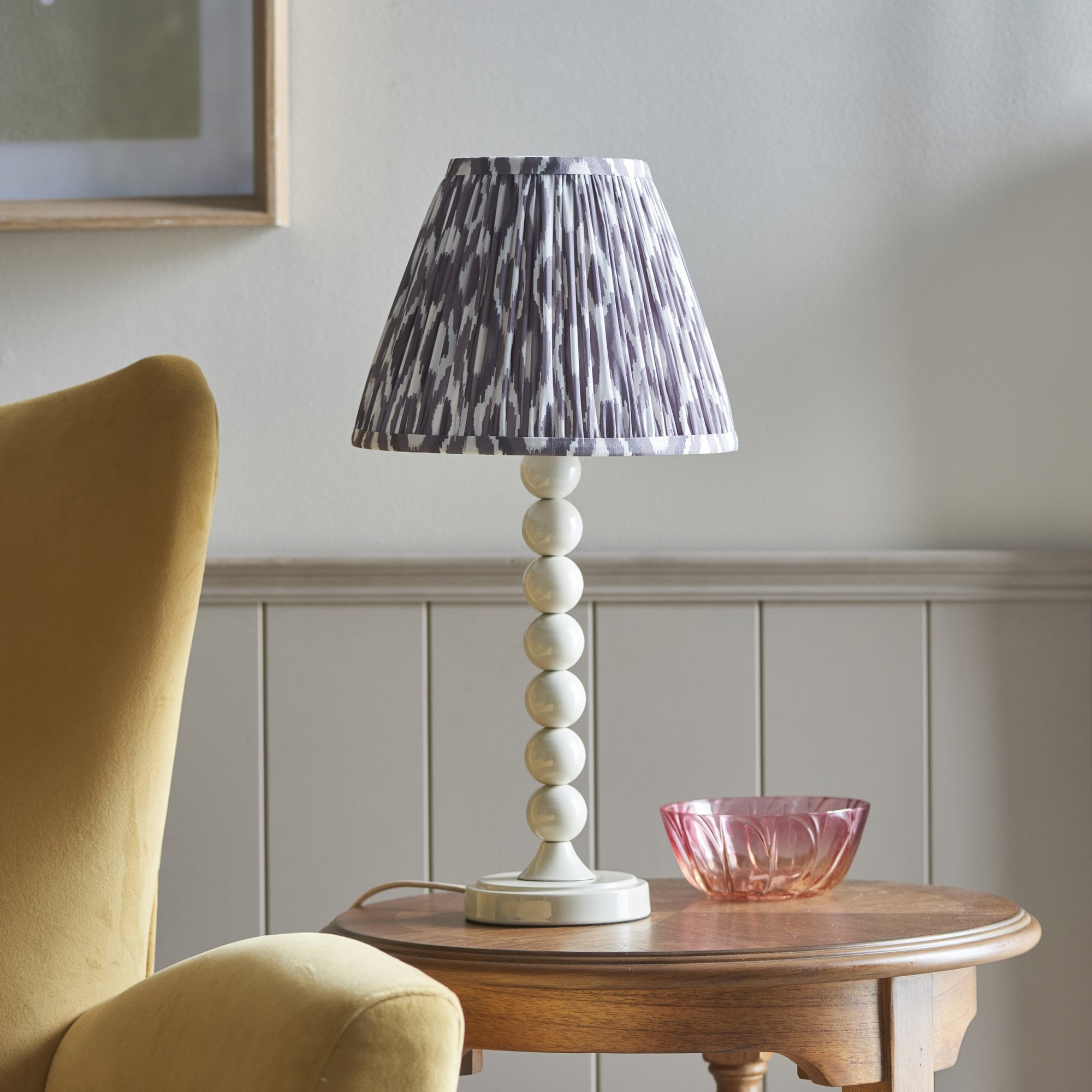 Endon Higgledy Gloss Almond White Table Lamp & Ikat 25cm Pearl Grey Shade