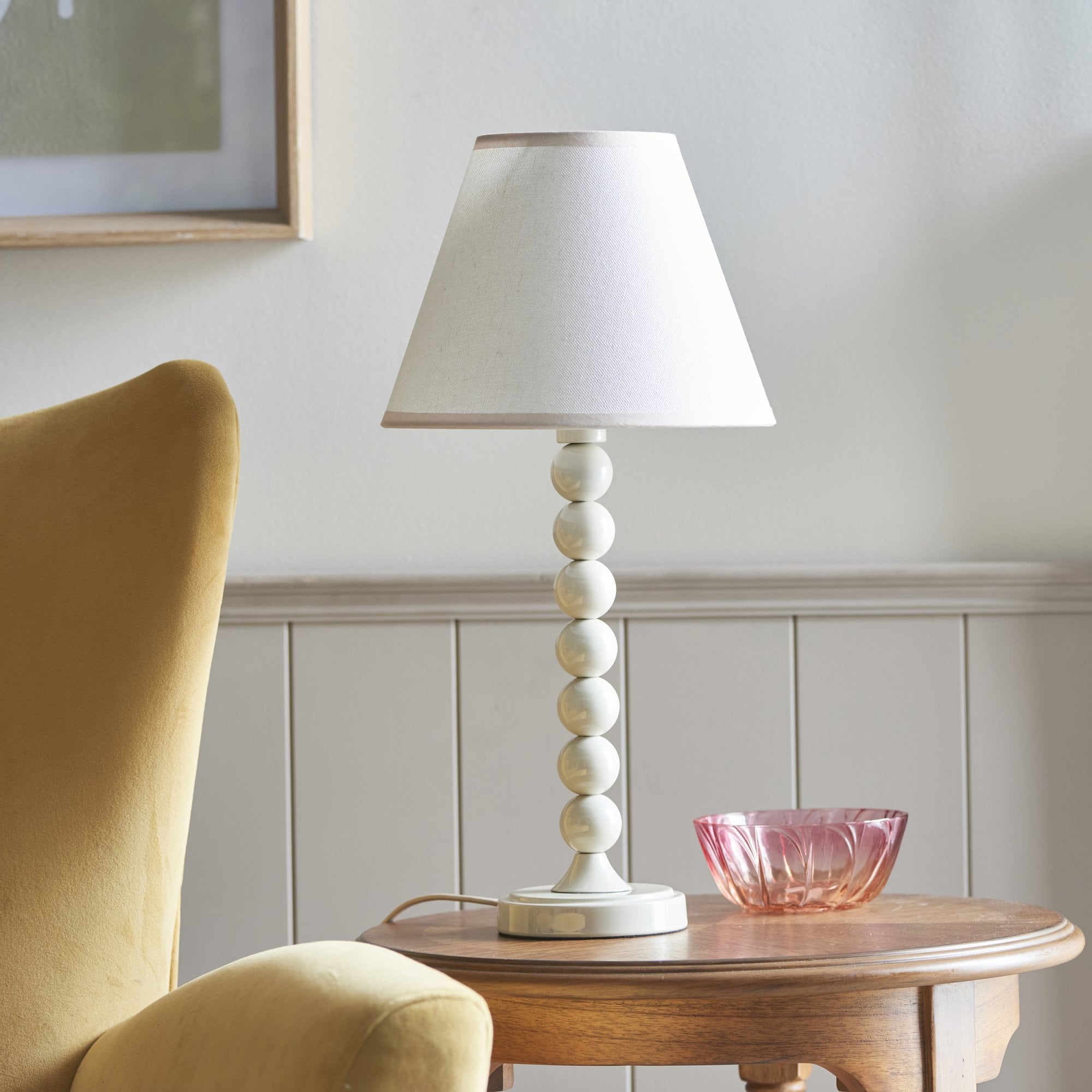 Endon Higgledy Gloss Almond White Table Lamp & Ivy 25cm Vintage White Shade
