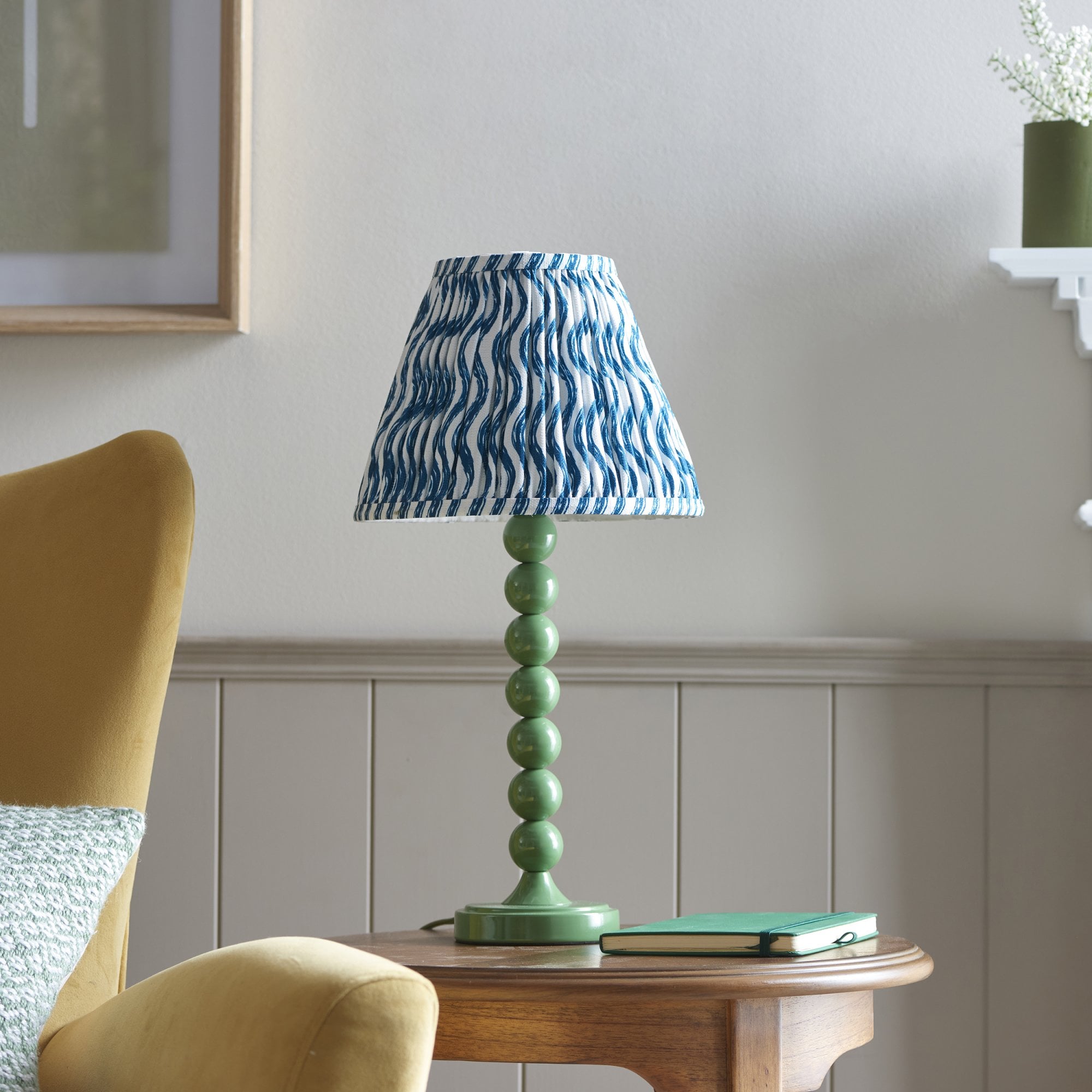 Endon Higgledy Gloss Cotswold Green Table Lamp & Ripple 25cm Marlin Blue Shade