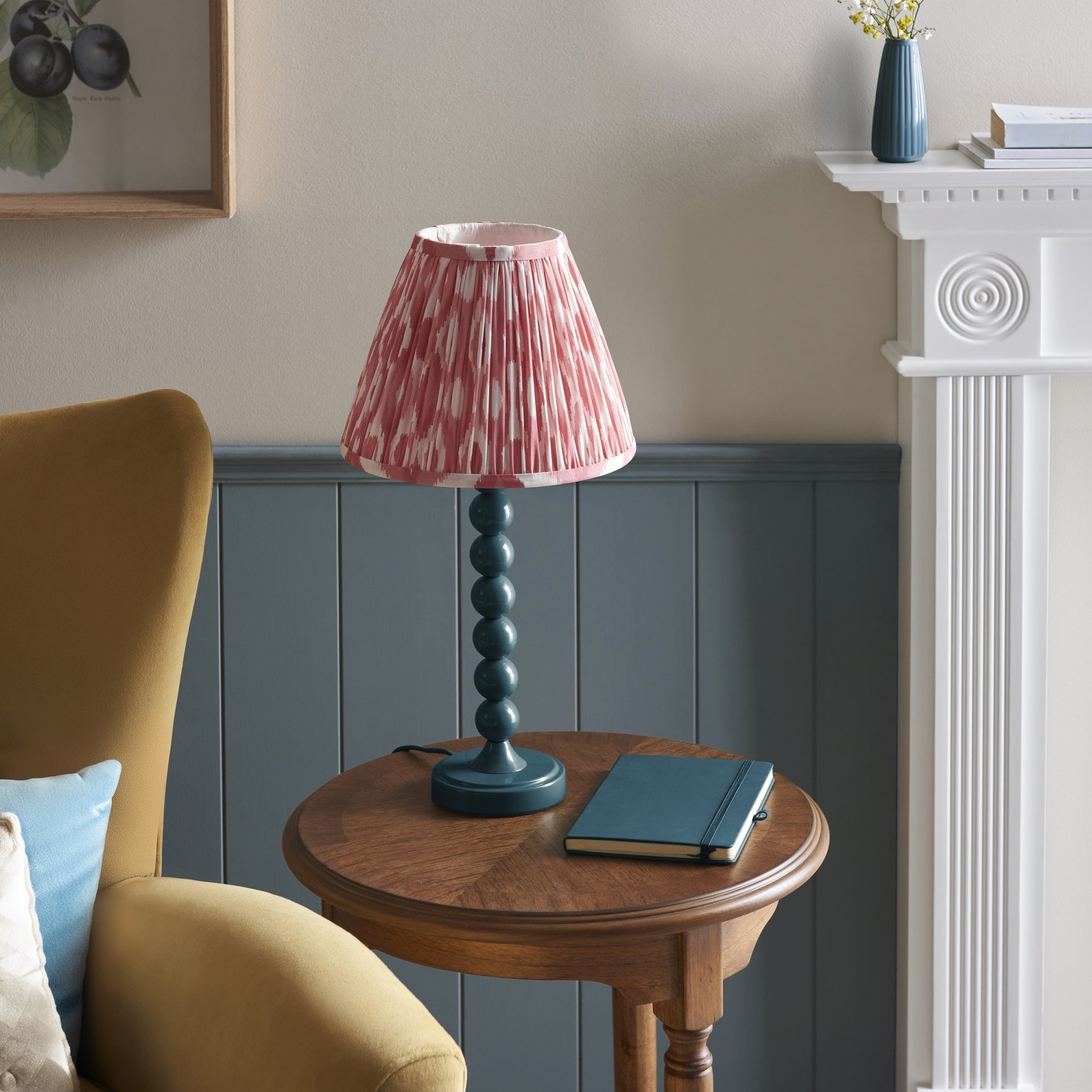 Endon Higgledy Gloss Marlin Blue Table Lamp & Ikat 25cm Coral Pink Shade