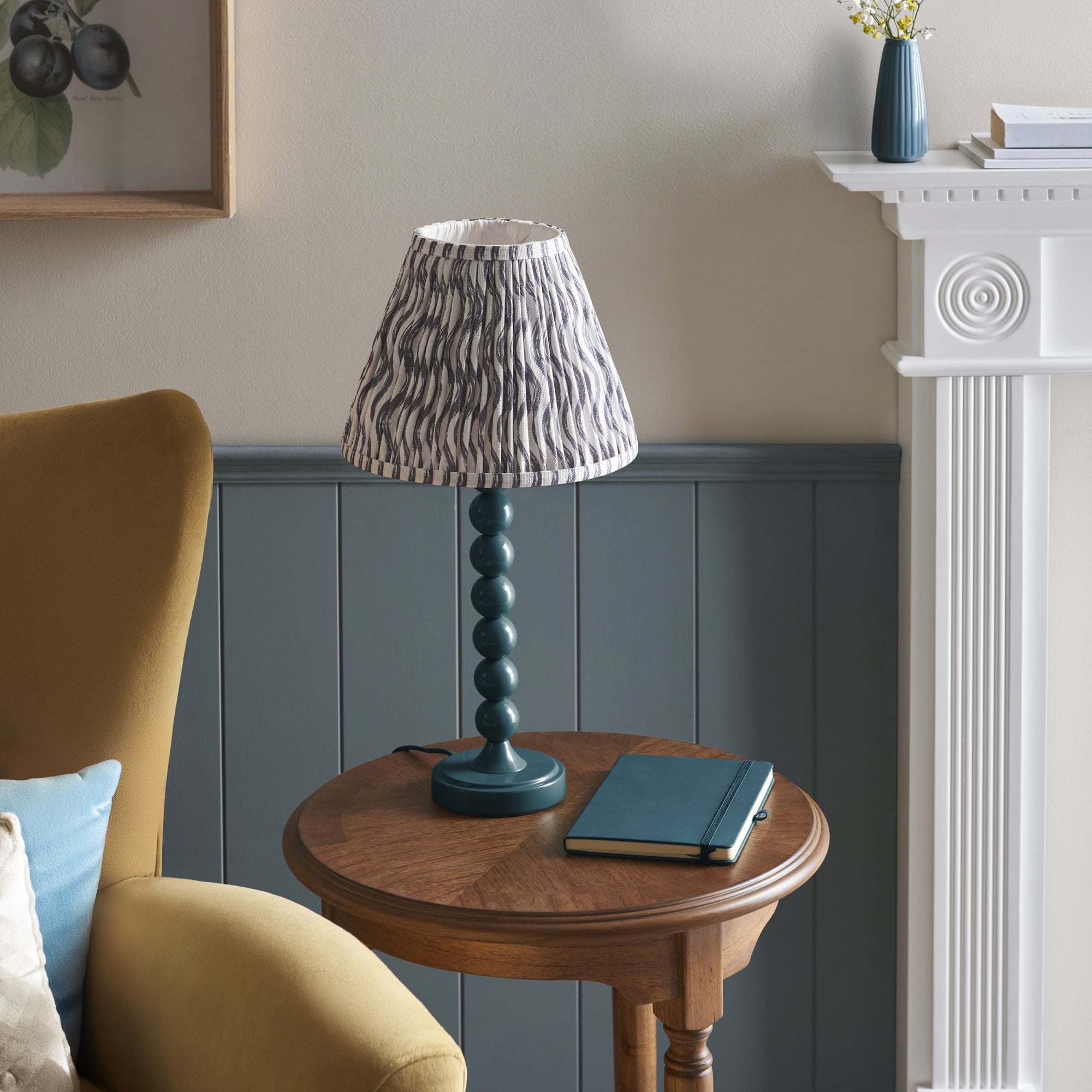 Endon Higgledy Gloss Marlin Blue Table Lamp & Ripple 25cm Pearl Grey Shade