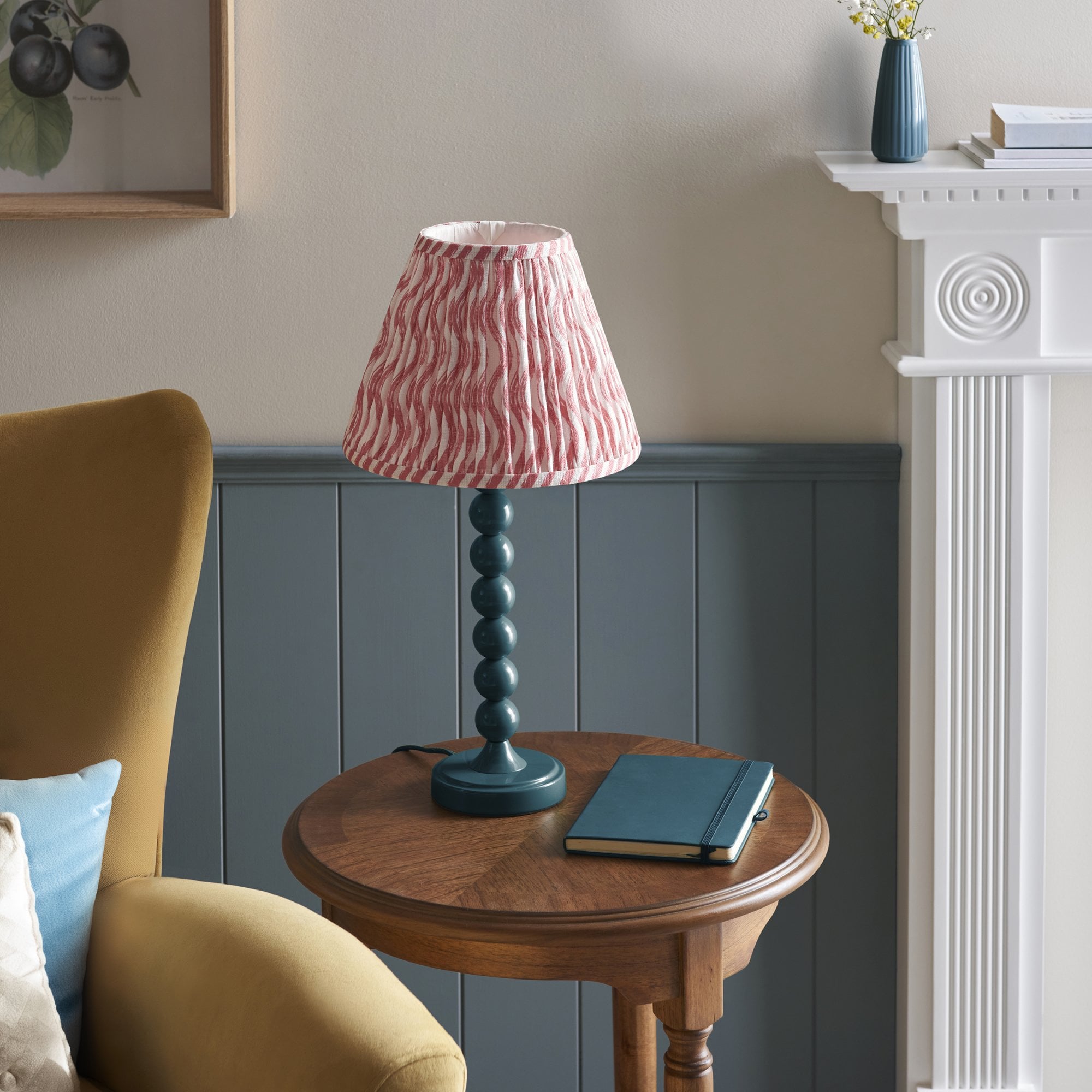 Endon Higgledy Gloss Marlin Blue Table Lamp & Ripple 25cm Coral Pink Shade