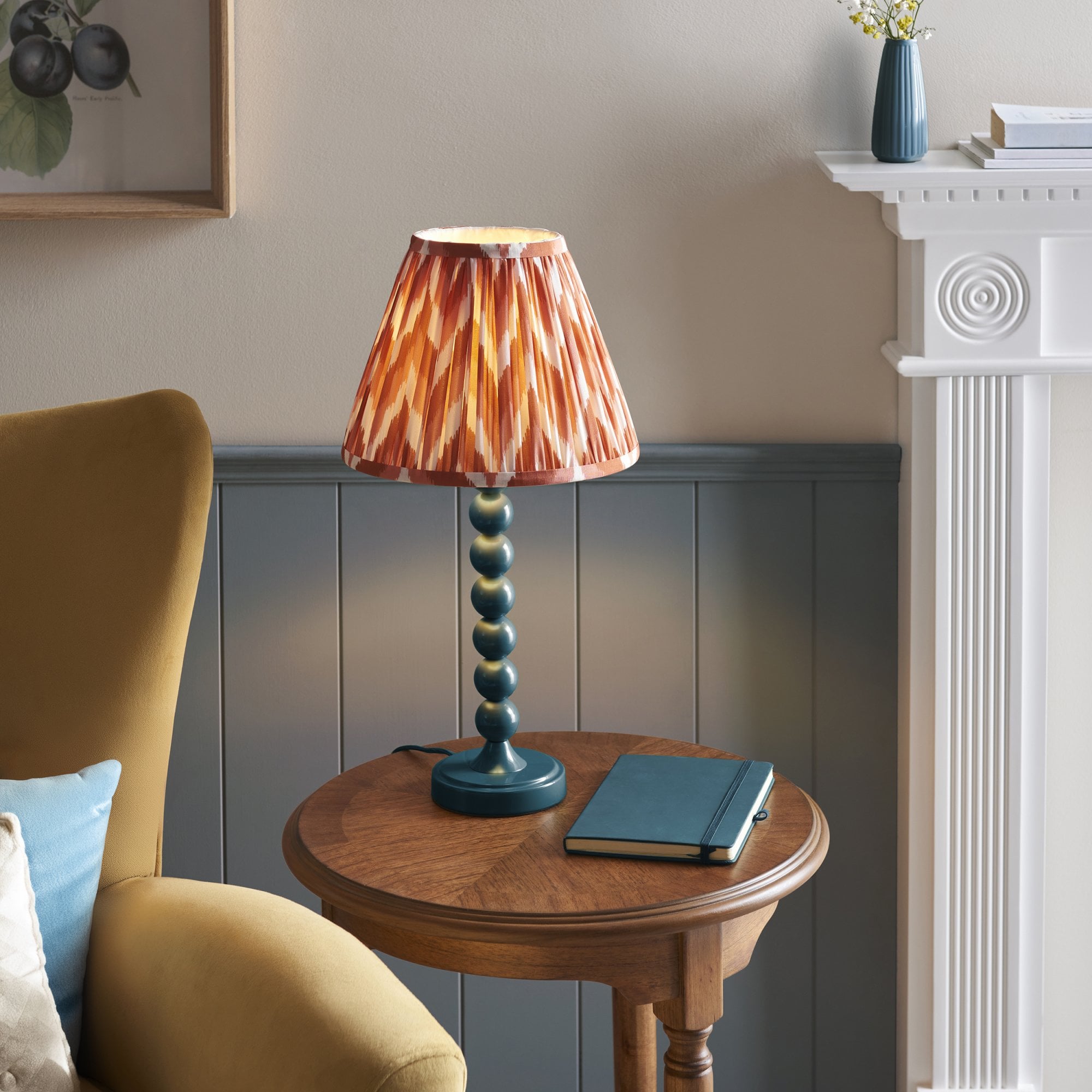Endon Higgledy Gloss Marlin Blue Table Lamp & Zigzag 25cm Apricot Orange Shade