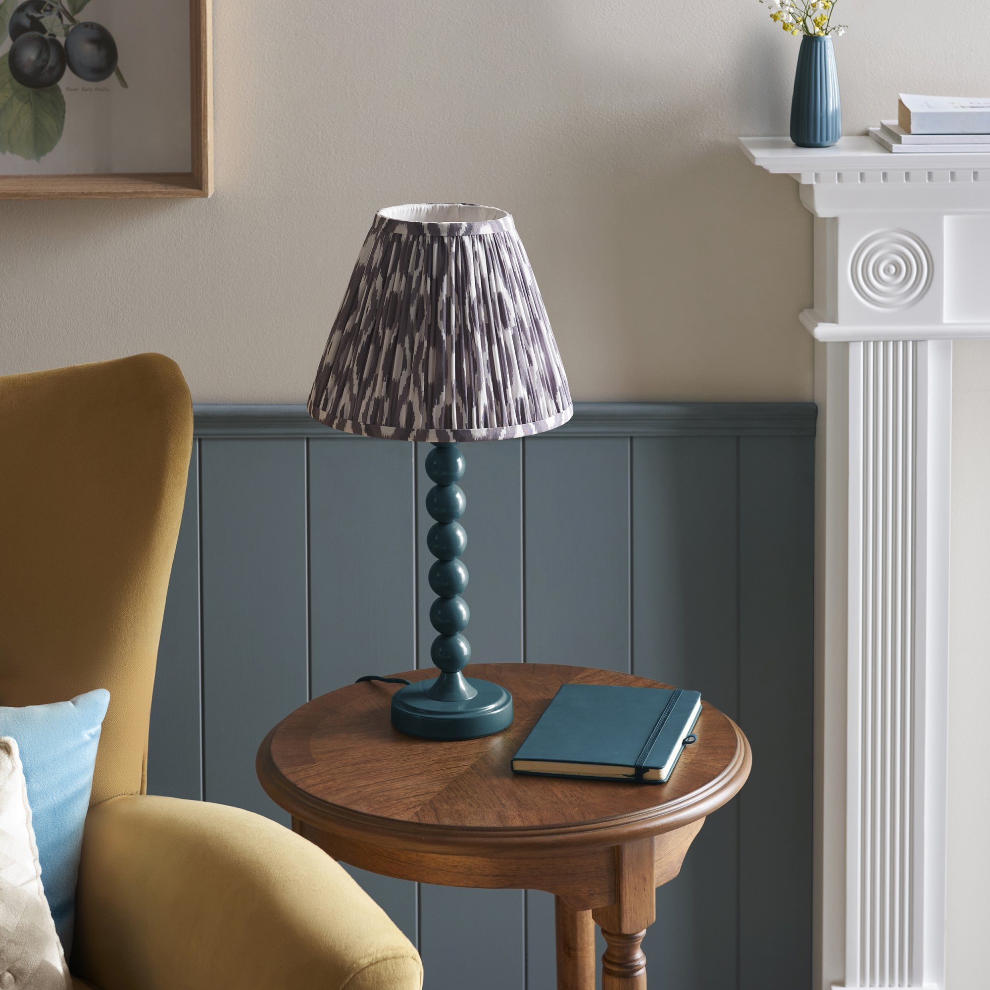 Endon Higgledy Gloss Marlin Blue Table Lamp & Ikat 25cm Pearl Grey Shade