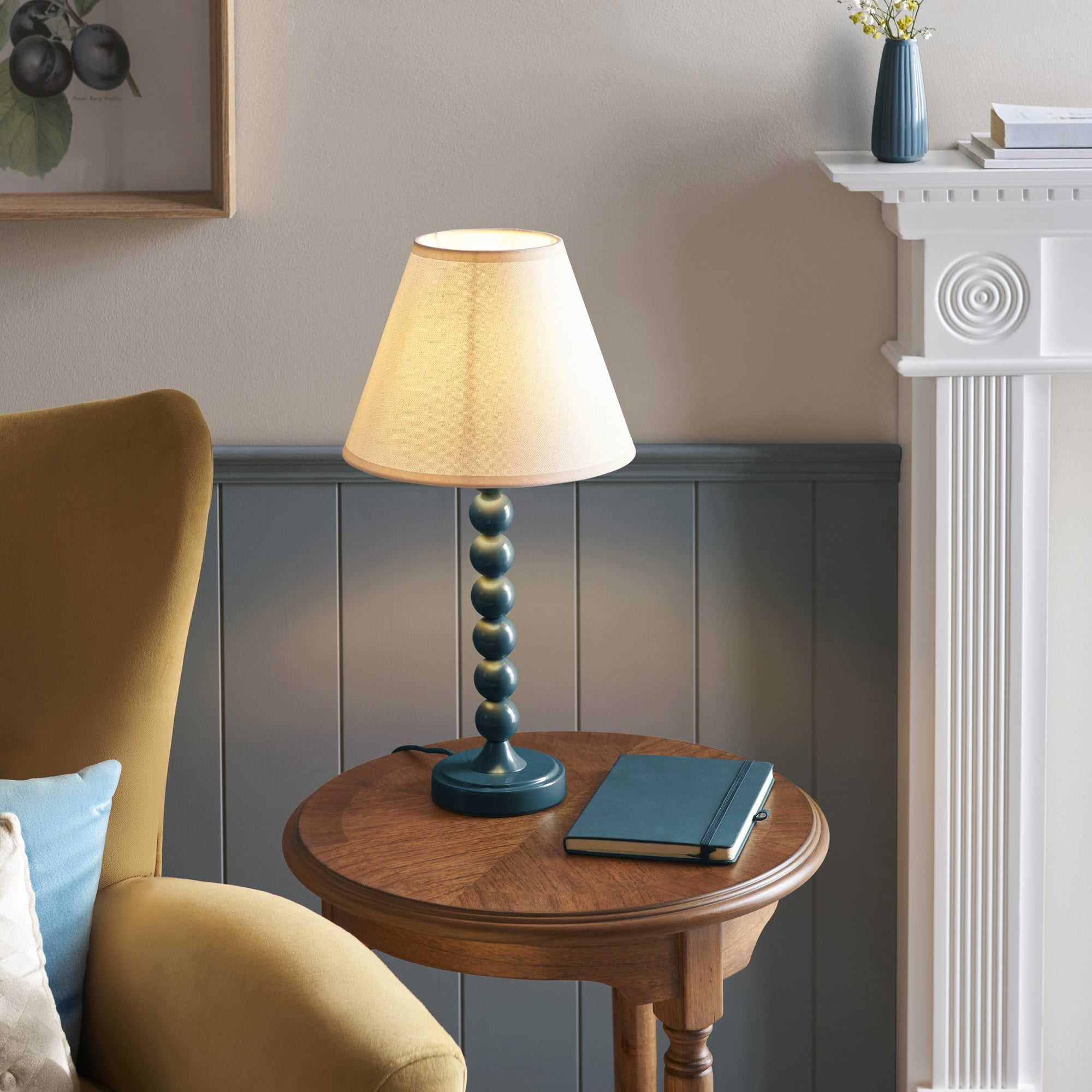 Endon Higgledy Gloss Marlin Blue Table Lamp & Ivy 25cm Vintage White Shade