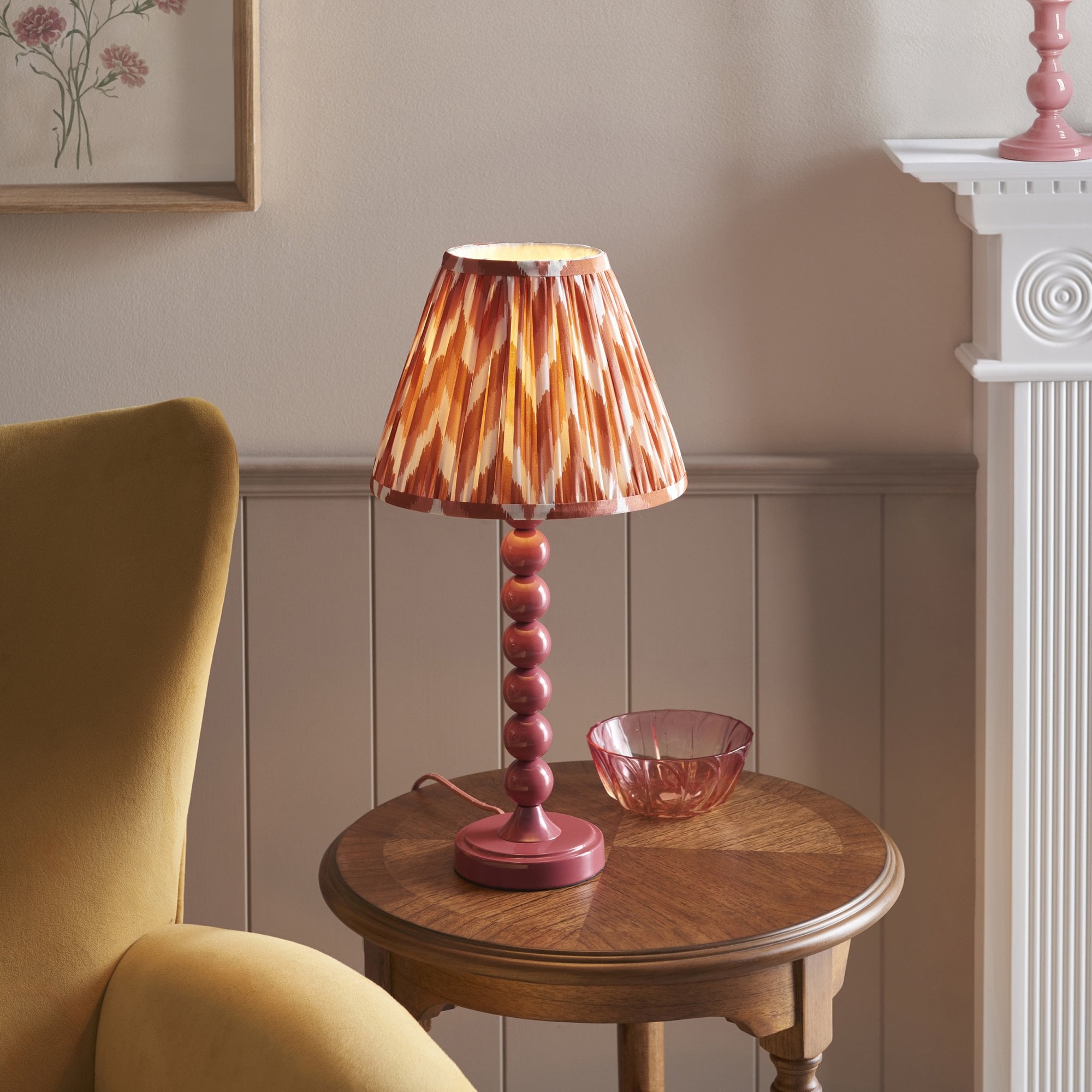 Endon Higgledy Gloss Pink Clay Table Lamp & Zigzag 25cm Apricot Orange Shade