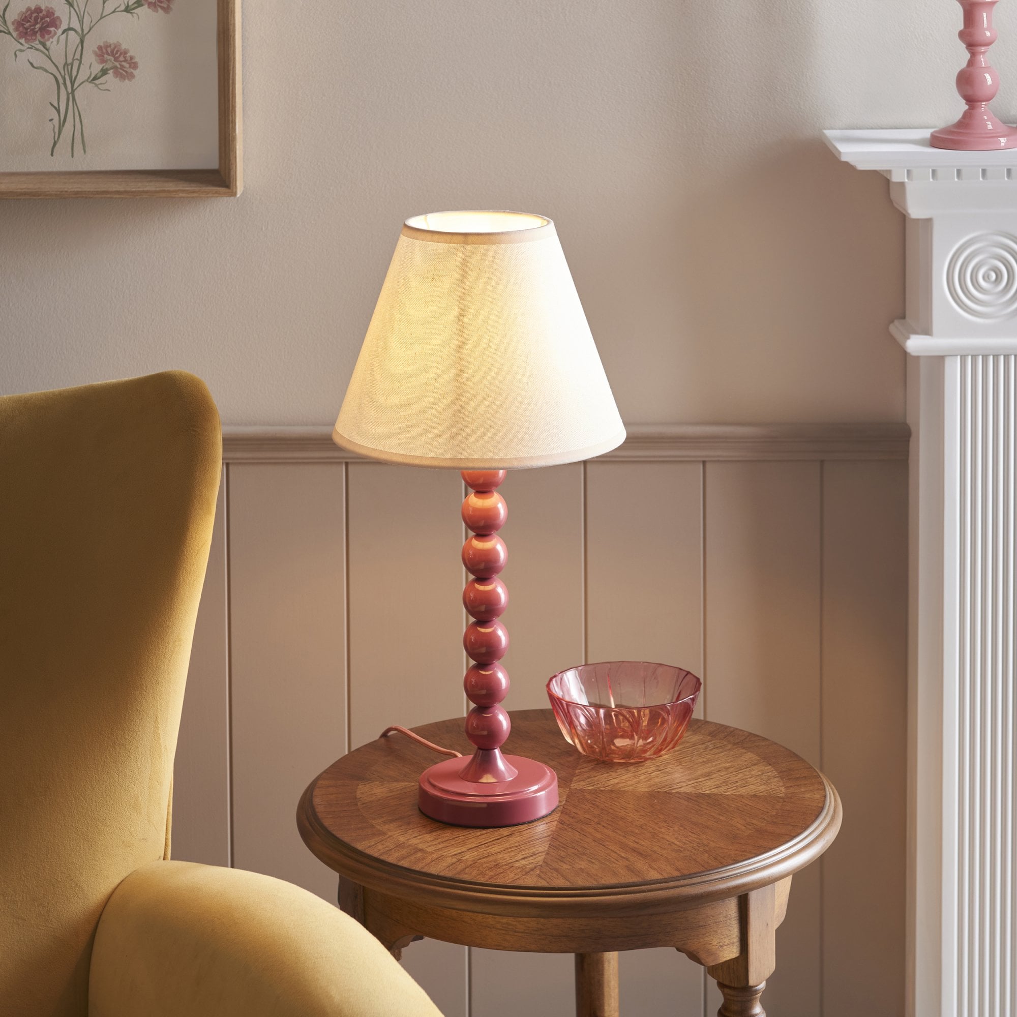 Endon Higgledy Gloss Pink Clay Table Lamp & Ivy 25cm Vintage White Shade