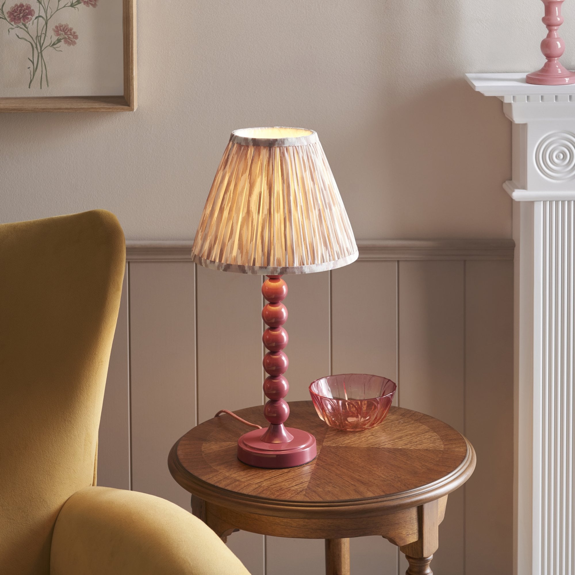 Endon Higgledy Gloss Pink Clay Table Lamp & Ikat 25cm Neutral Shade
