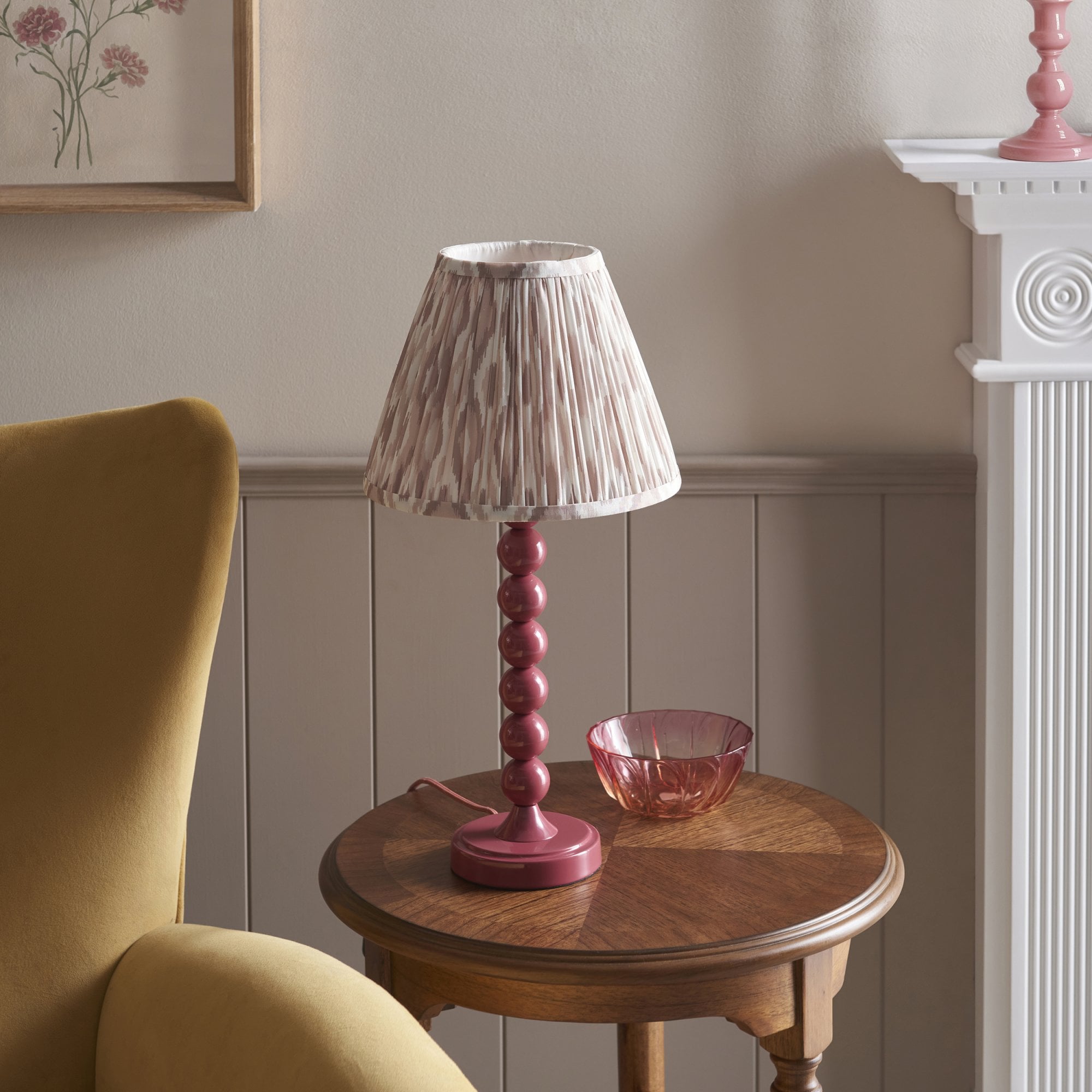 Endon Higgledy Gloss Pink Clay Table Lamp & Ikat 25cm Neutral Shade