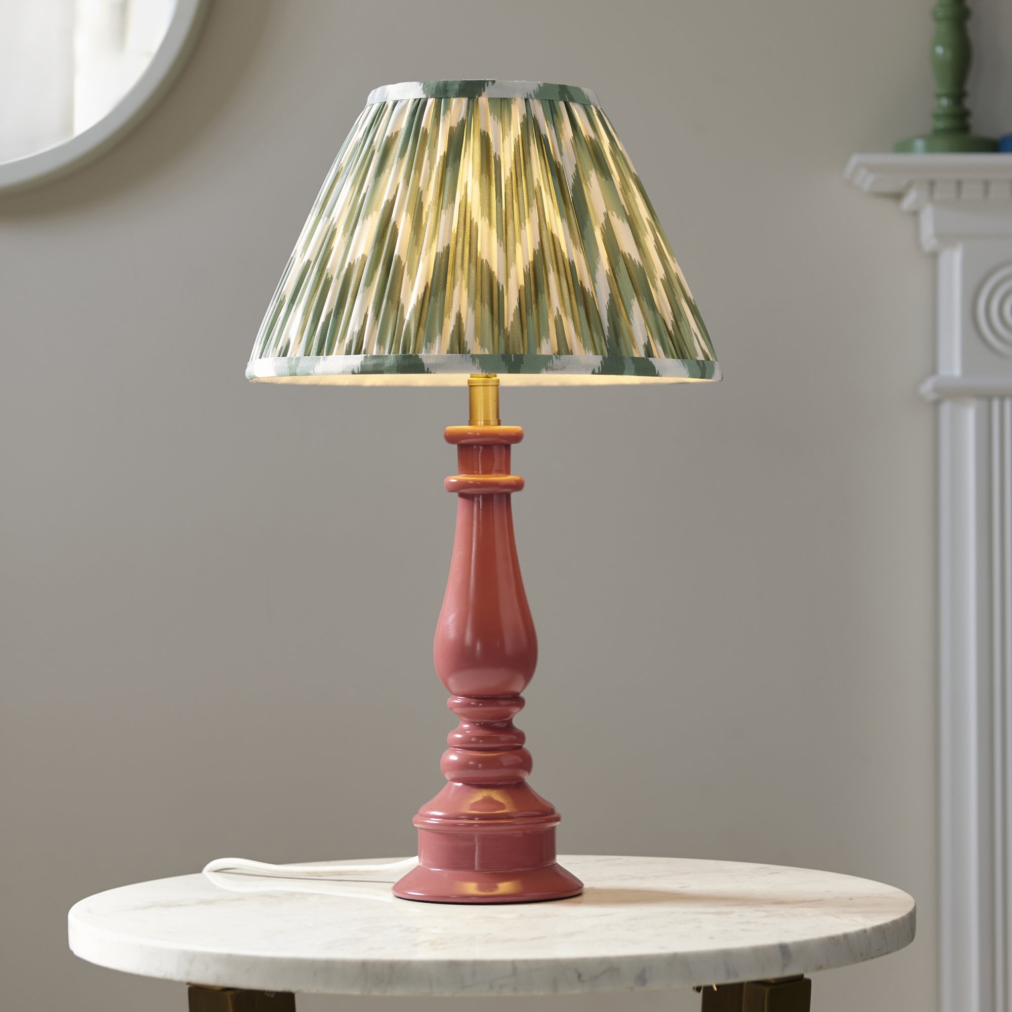 Endon Myrtle Gloss Pink Clay Table Lamp & Zigzag 30cm Cotswold Green Shade