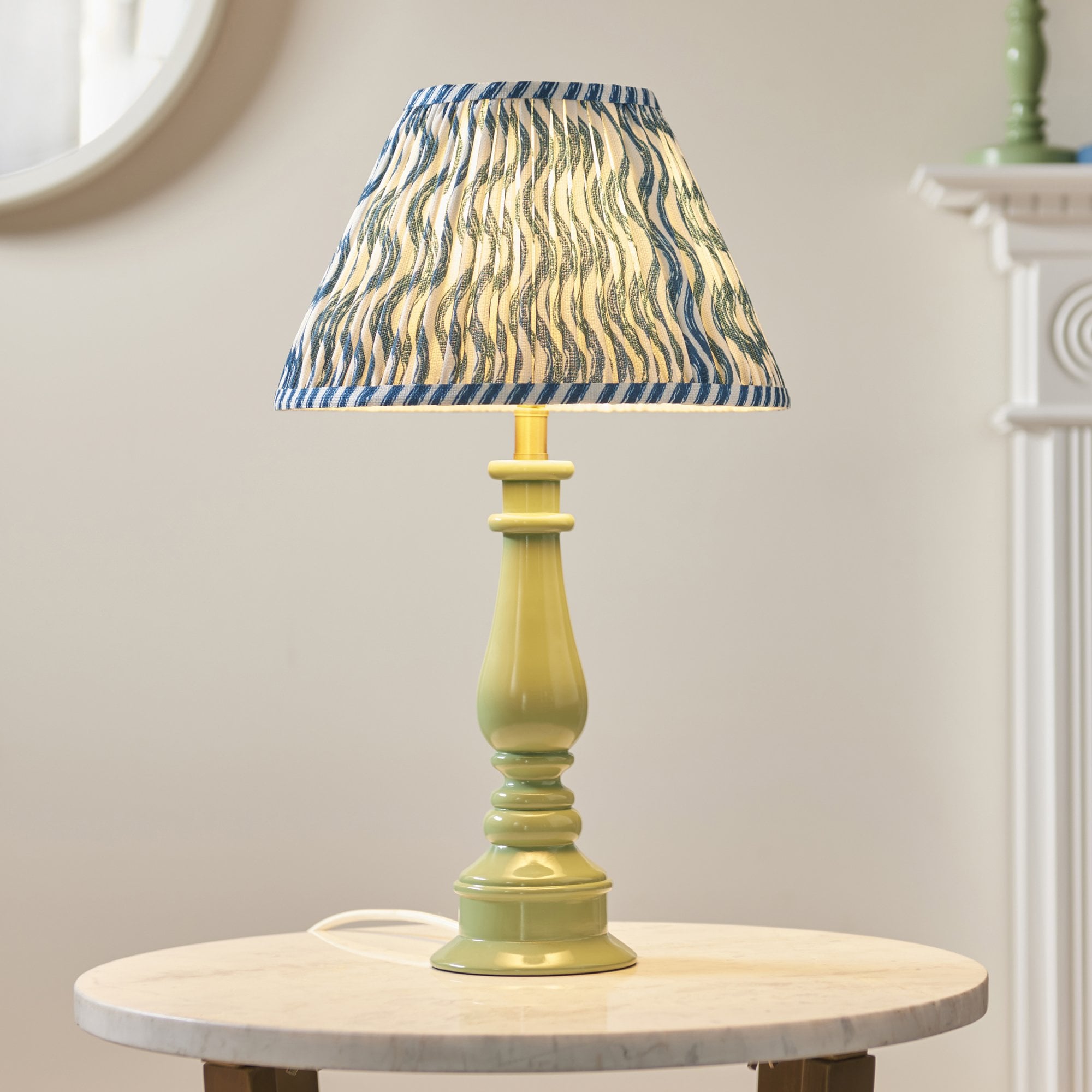 Endon Myrtle Gloss Cotswold Green Table Lamp & Ripple 30cm Marlin Blue Shade