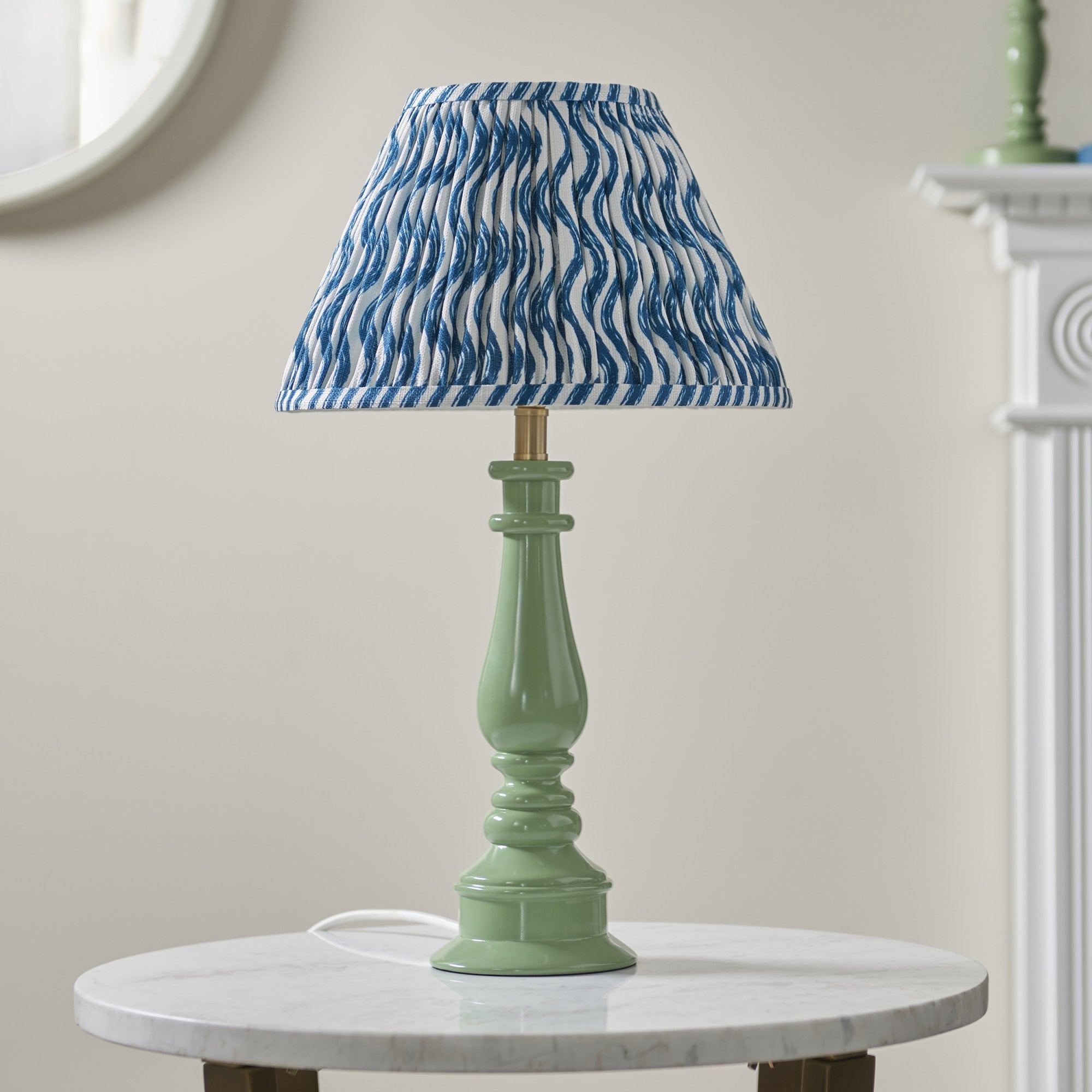 Endon Myrtle Gloss Cotswold Green Table Lamp & Ripple 30cm Marlin Blue Shade