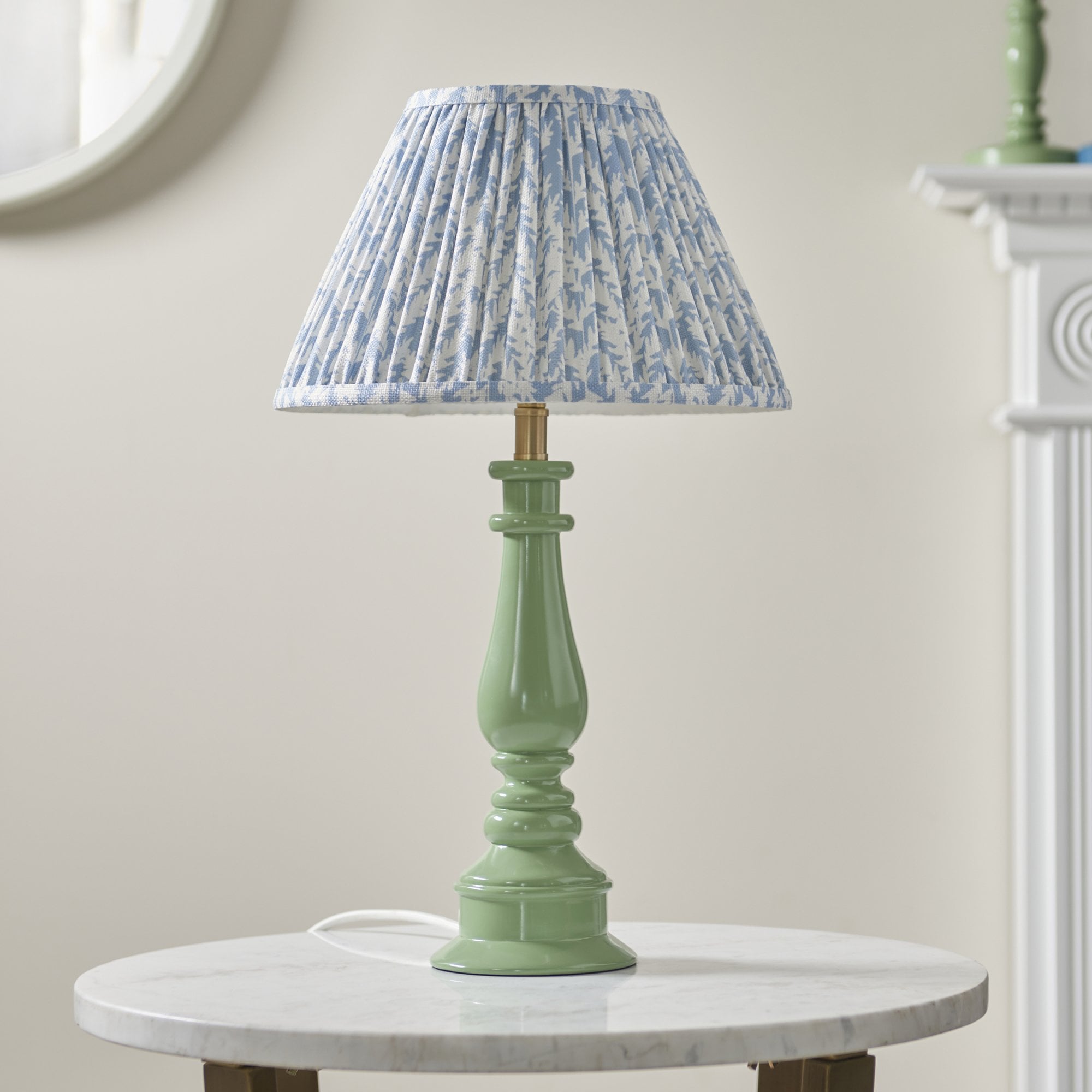 Endon Myrtle Gloss Cotswold Green Table Lamp & Leaf 30cm Shell Bay Blue Shade