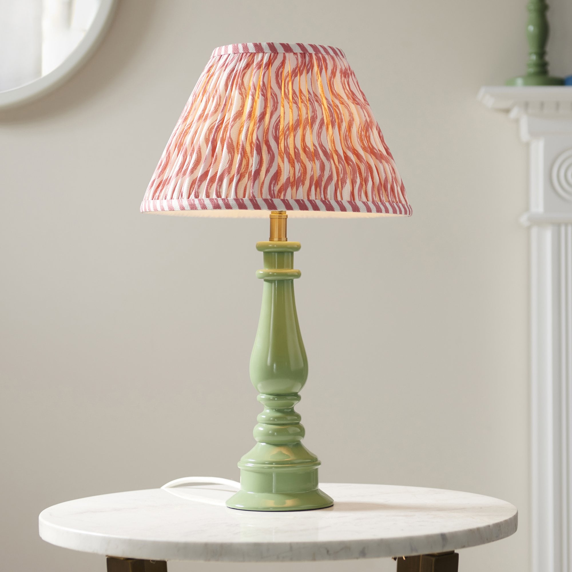 Endon Myrtle Gloss Cotswold Green Table Lamp & Ripple 30cm Coral Pink Shade