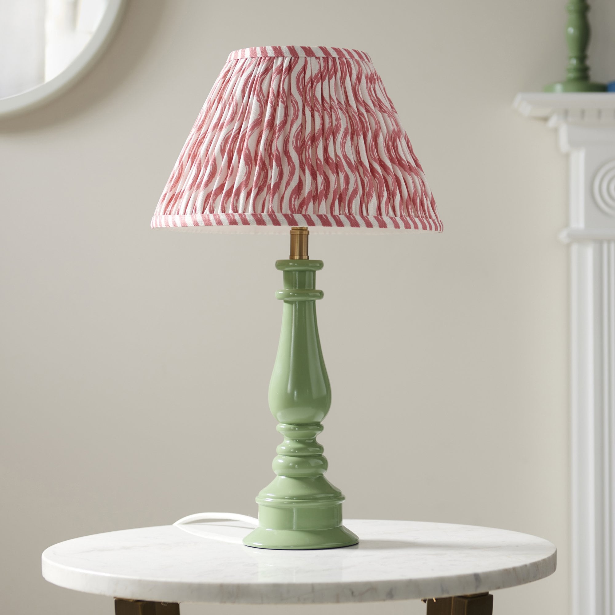 Endon Myrtle Gloss Cotswold Green Table Lamp & Ripple 30cm Coral Pink Shade