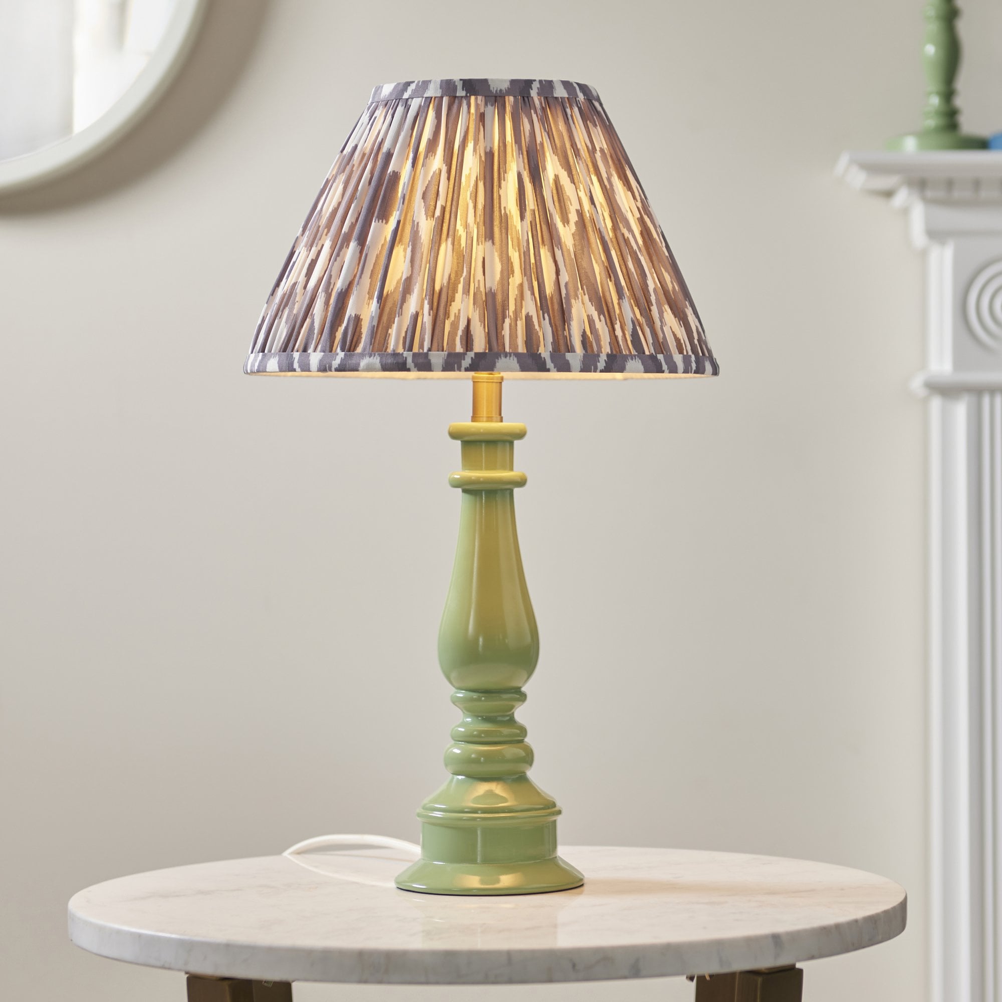 Endon Myrtle Gloss Cotswold Green Table Lamp & Ikat 30cm Pearl Grey Shade