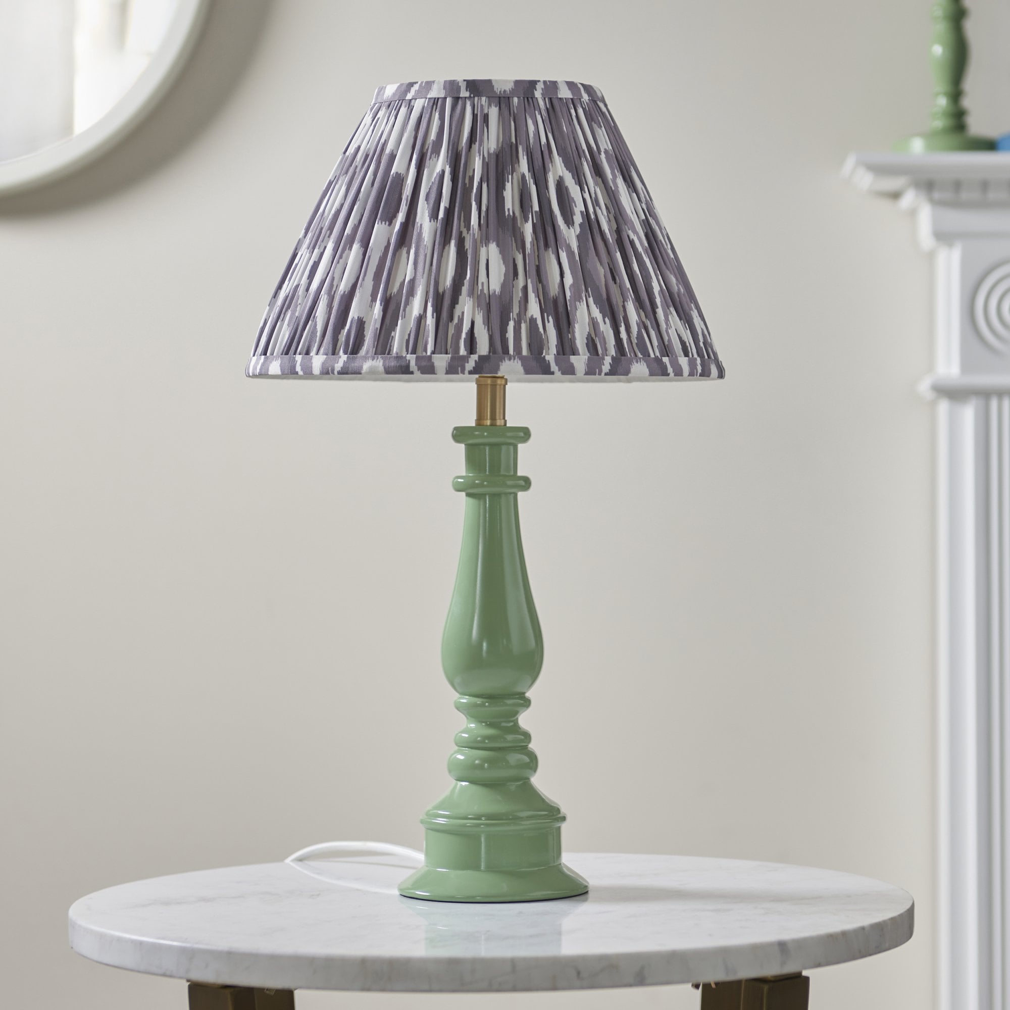 Endon Myrtle Gloss Cotswold Green Table Lamp & Ikat 30cm Pearl Grey Shade