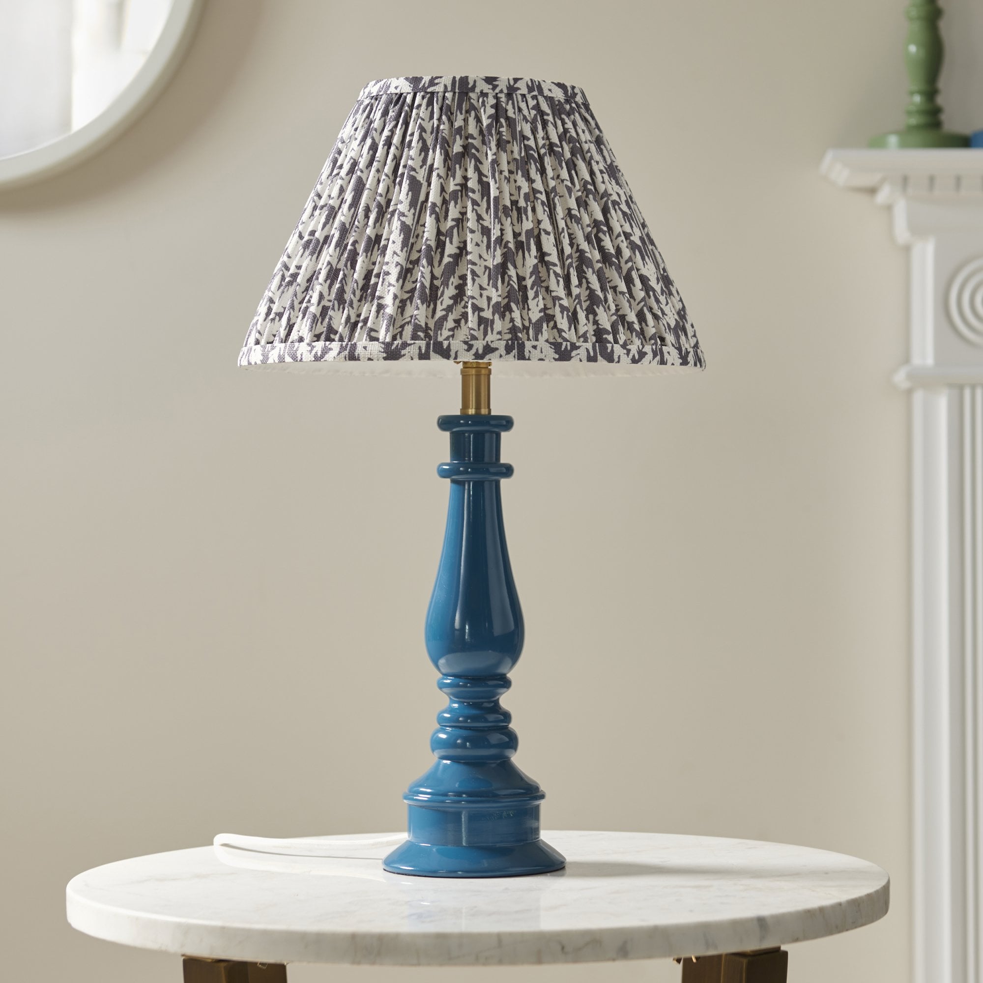 Endon Myrtle Gloss Marlin Blue Table Lamp & Leaf 30cm Pearl Grey Shade
