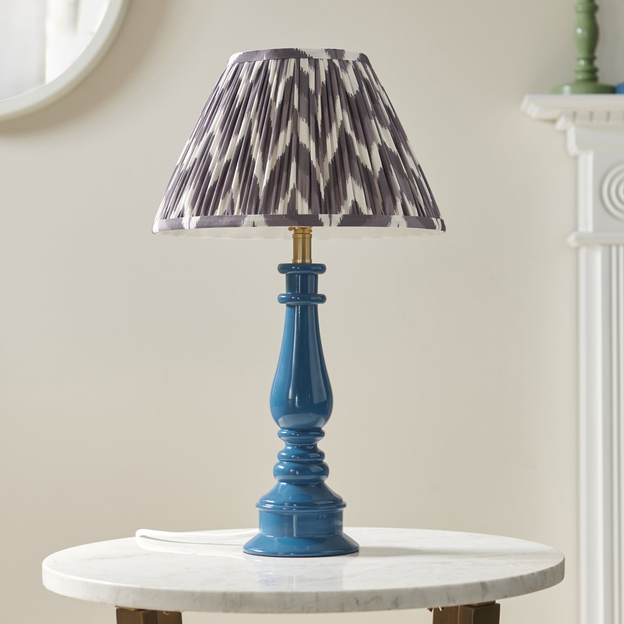 Endon Myrtle Gloss Marlin Blue Table Lamp & Zigzag 30cm Pearl Grey Shade