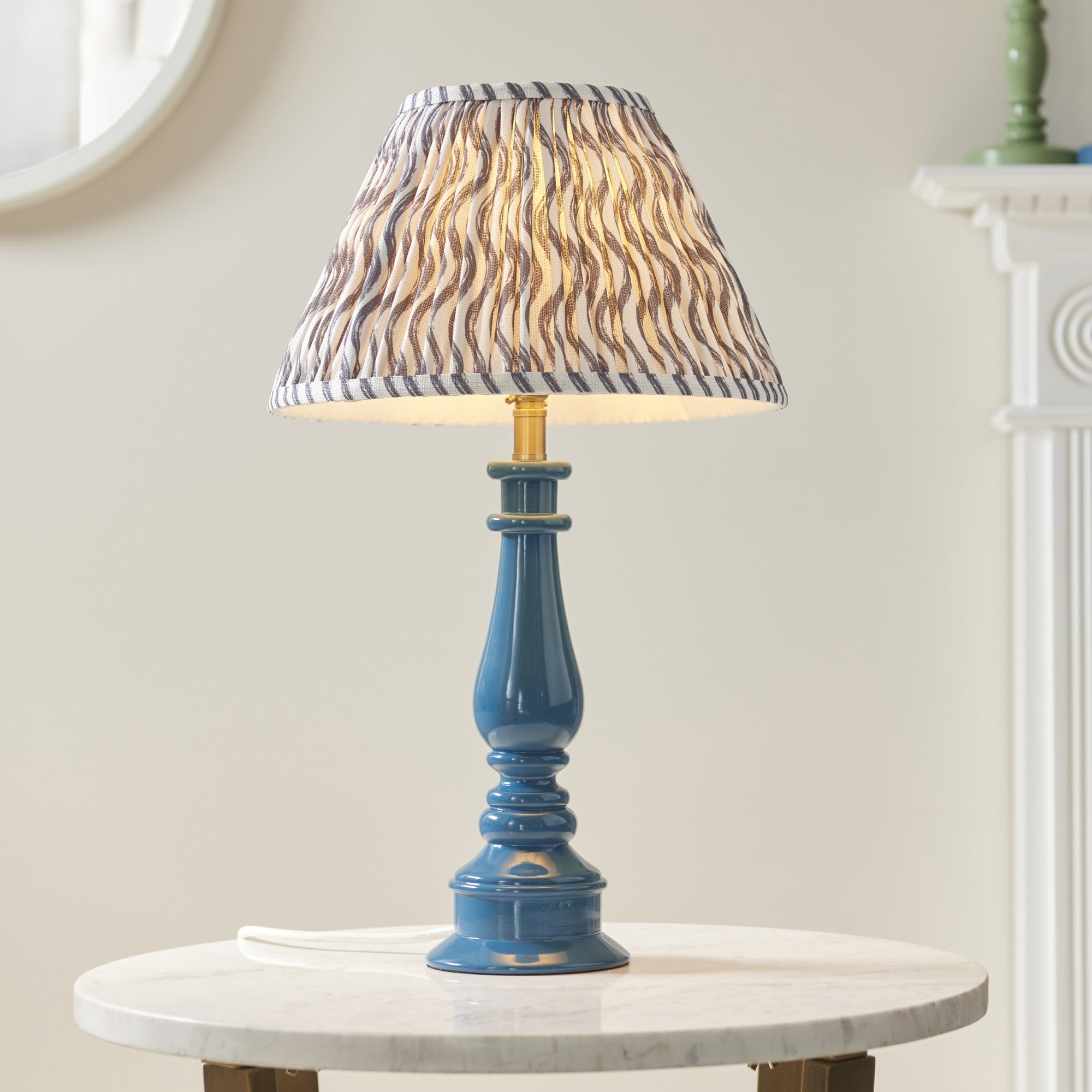 Endon Myrtle Gloss Marlin Blue Table Lamp & Ripple 30cm Pearl Grey Shade