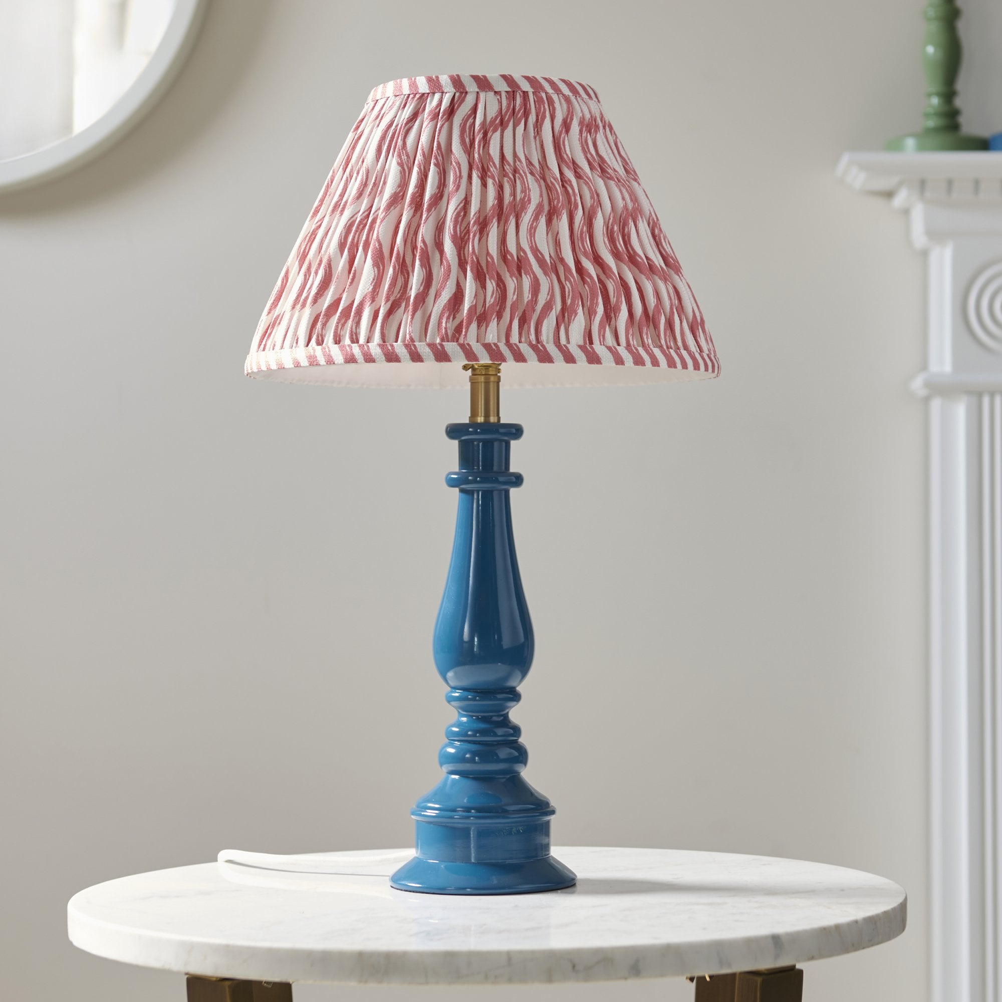 Endon Myrtle Gloss Marlin Blue Table Lamp & Ripple 30cm Coral Pink Shade