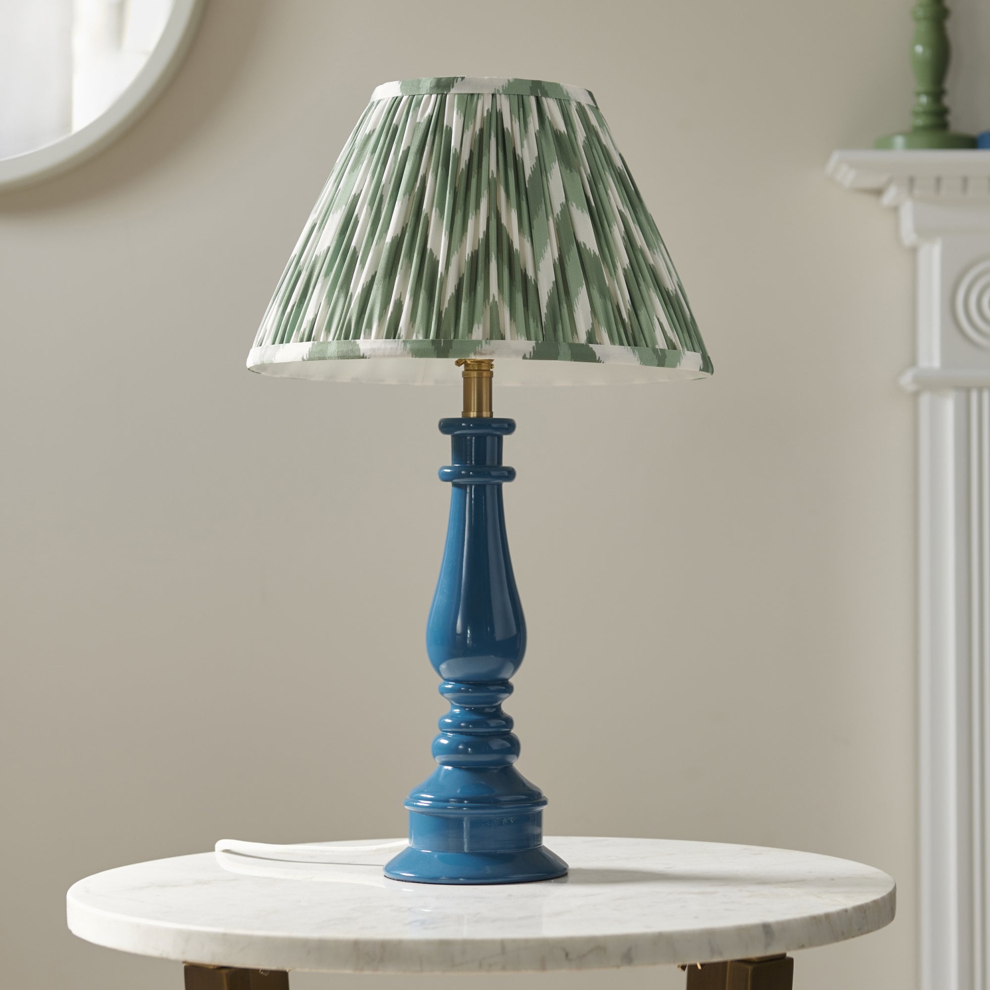 Endon Myrtle Gloss Marlin Blue Table Lamp & Zigzag 30cm Cotswold Green Shade