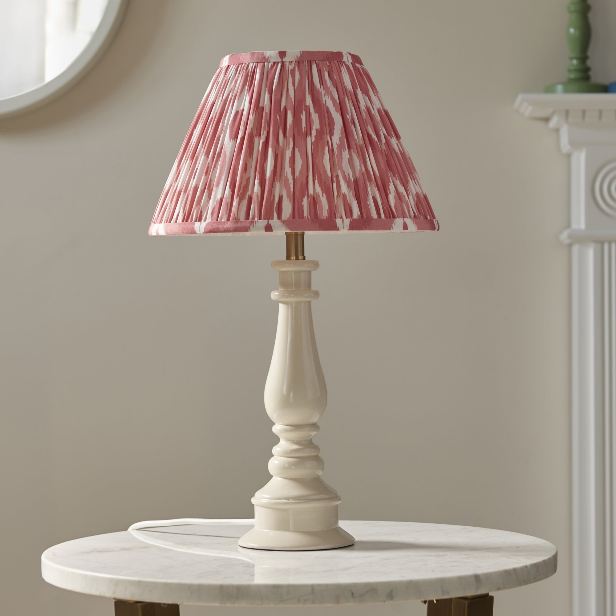 Endon Myrtle Gloss Almond White Table Lamp & Ikat 30cm Coral Pink Shade