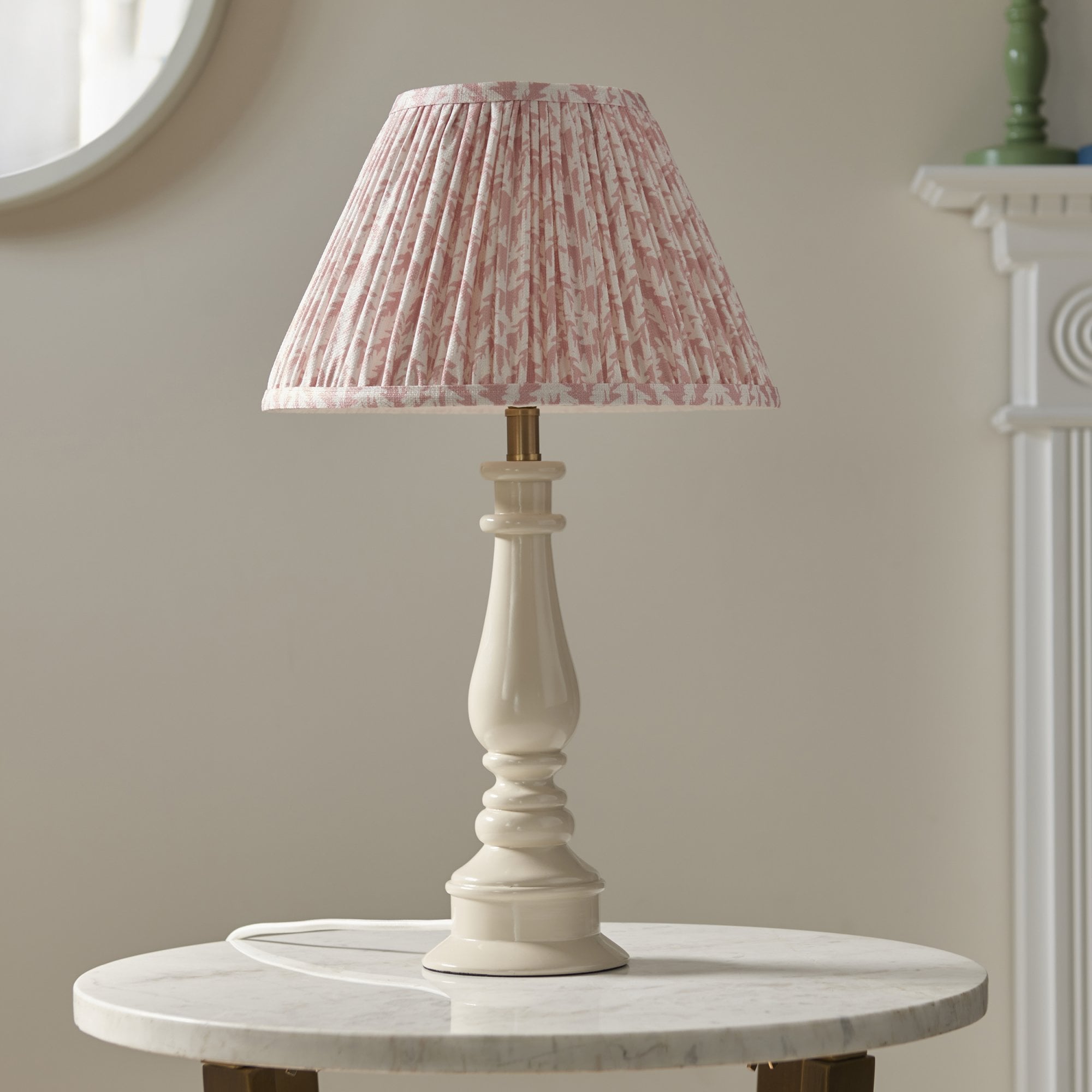 Endon Myrtle Gloss Almond White Table Lamp & Leaf 30cm Peachy Keen Shade