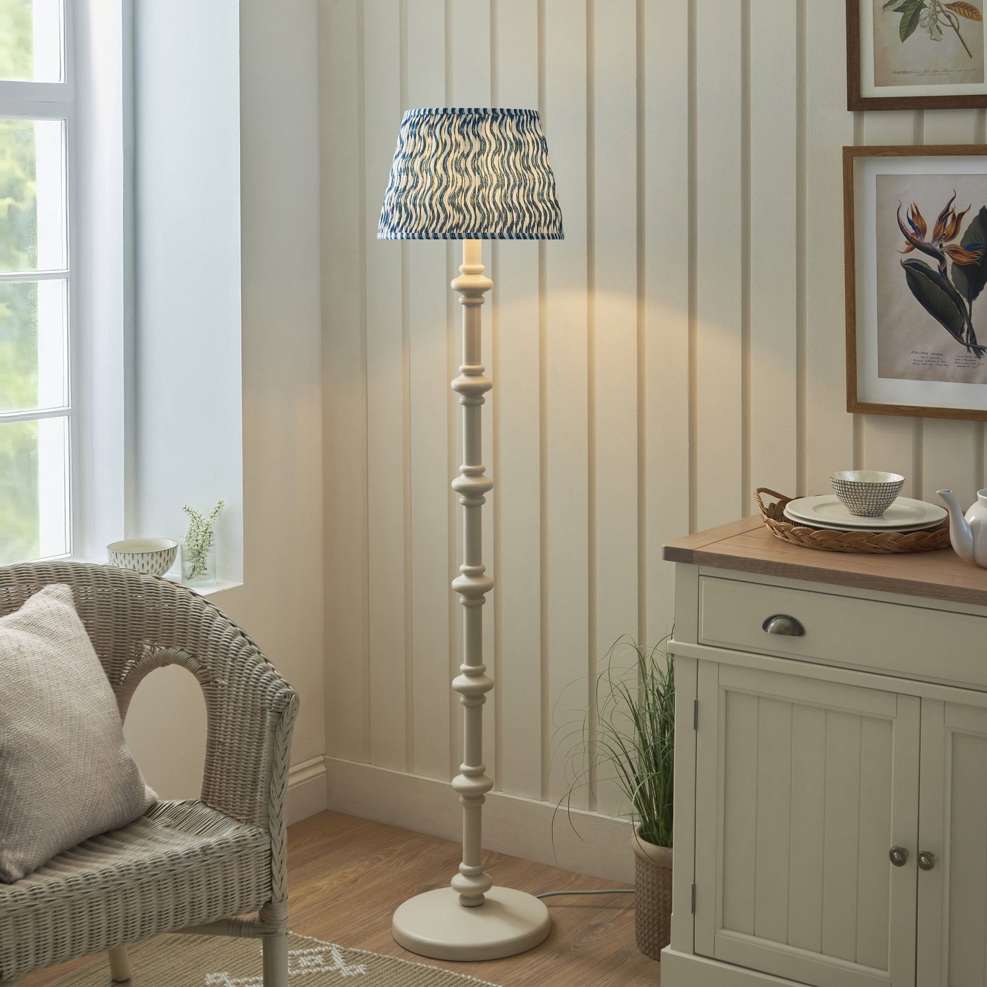 Endon Carnaby Satin Almond White Floor Lamp & Ripple 35cm Marlin Blue Shade