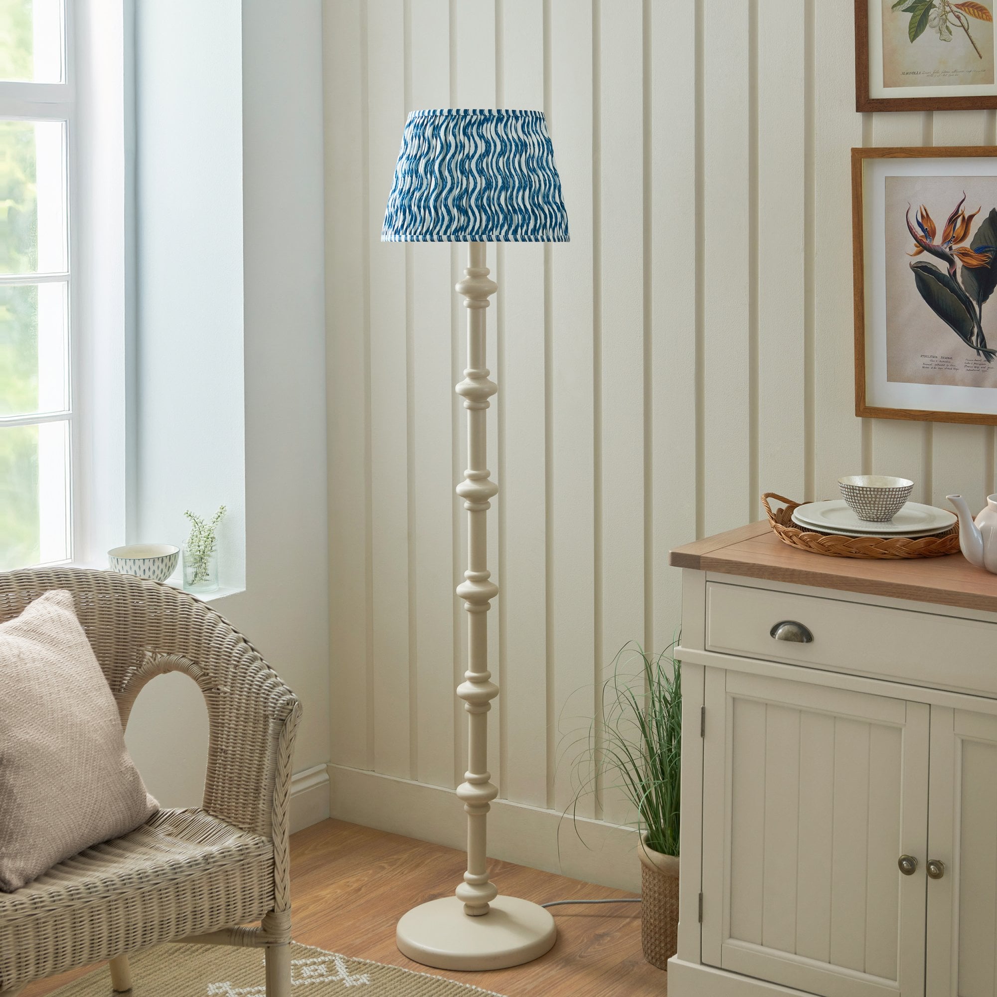 Endon Carnaby Satin Almond White Floor Lamp & Ripple 35cm Marlin Blue Shade