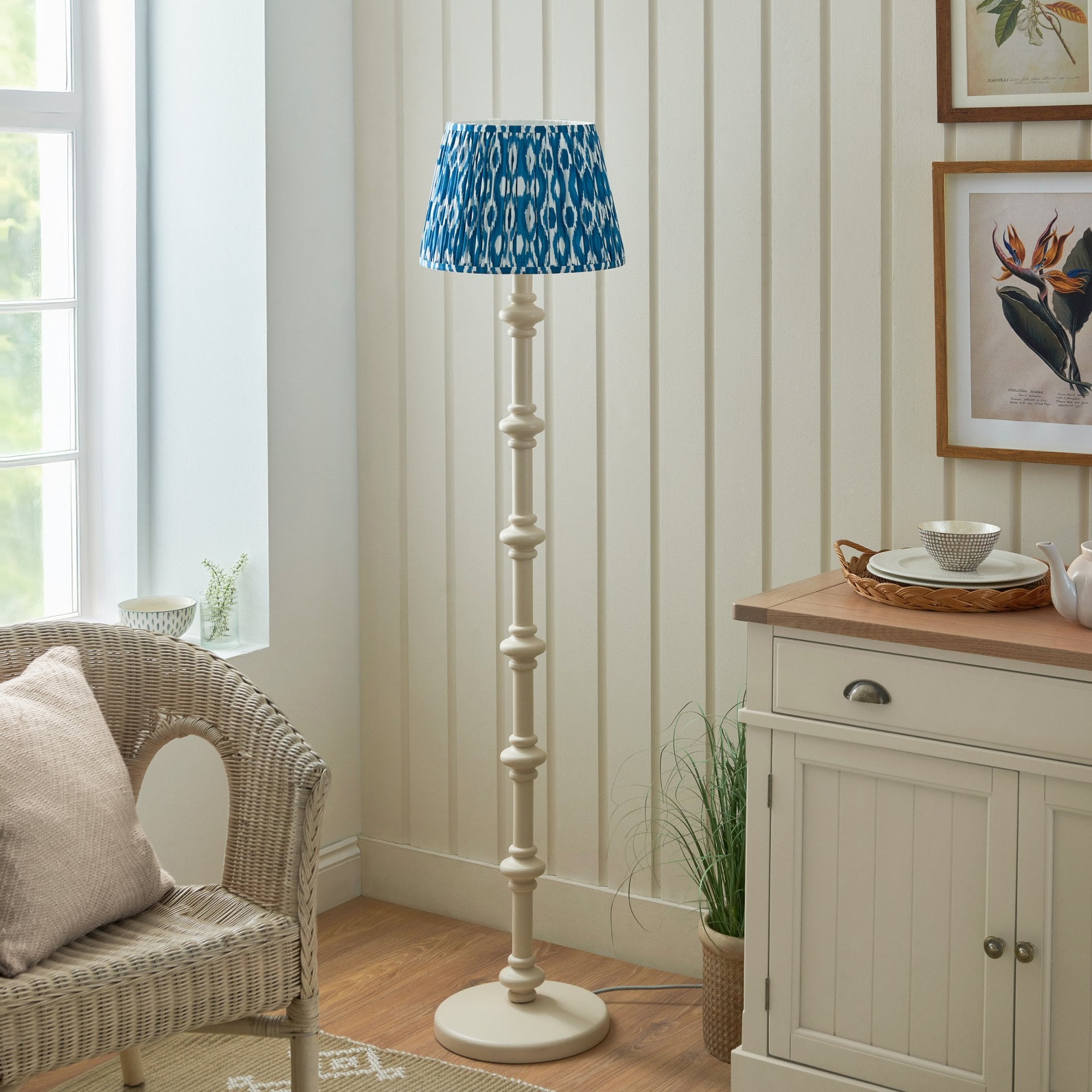 Endon Carnaby Satin Almond White Floor Lamp & Ikat 35cm Marlin Blue Shade