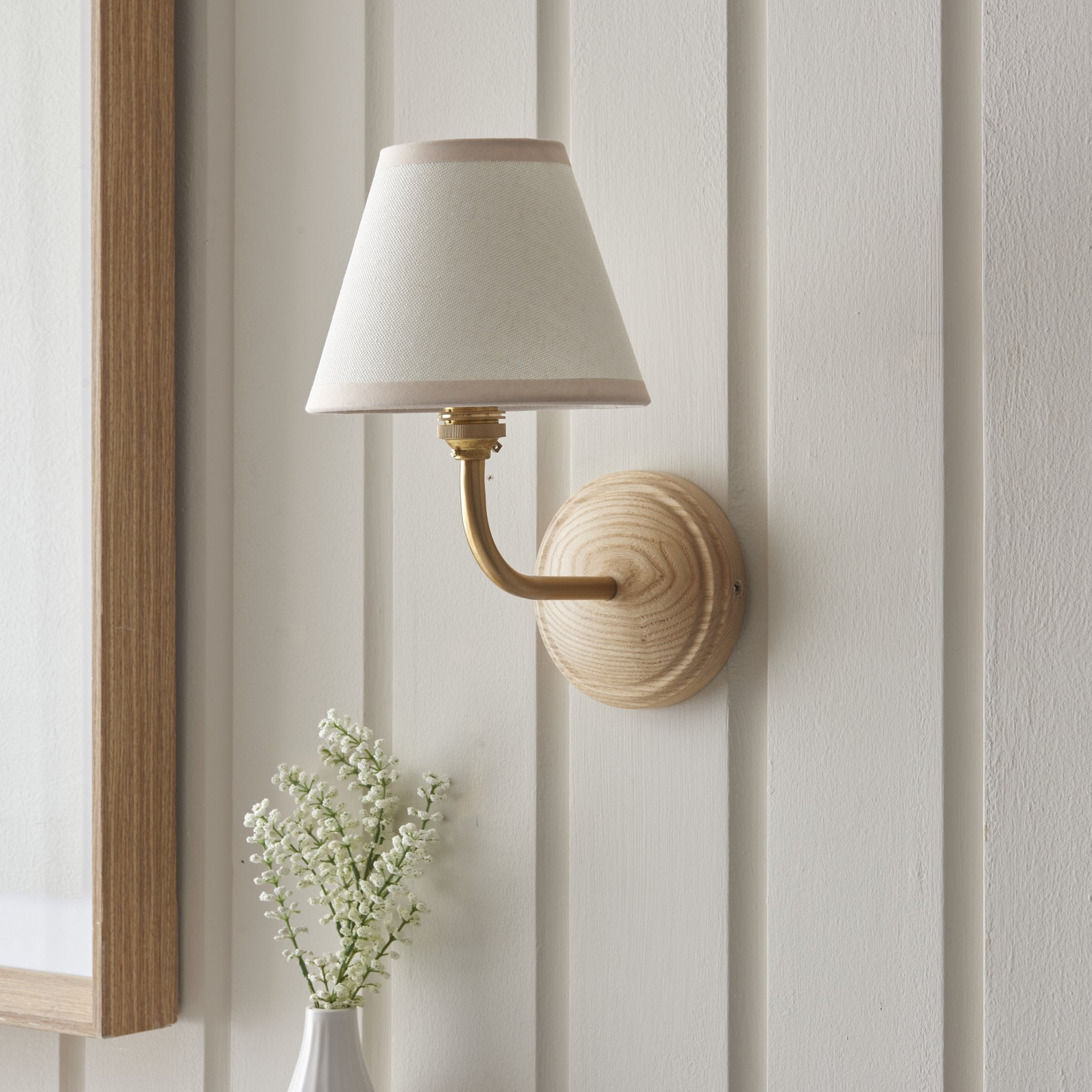 Endon Wood Arc Wall Light & Ivy 16cm Vintage White Shade