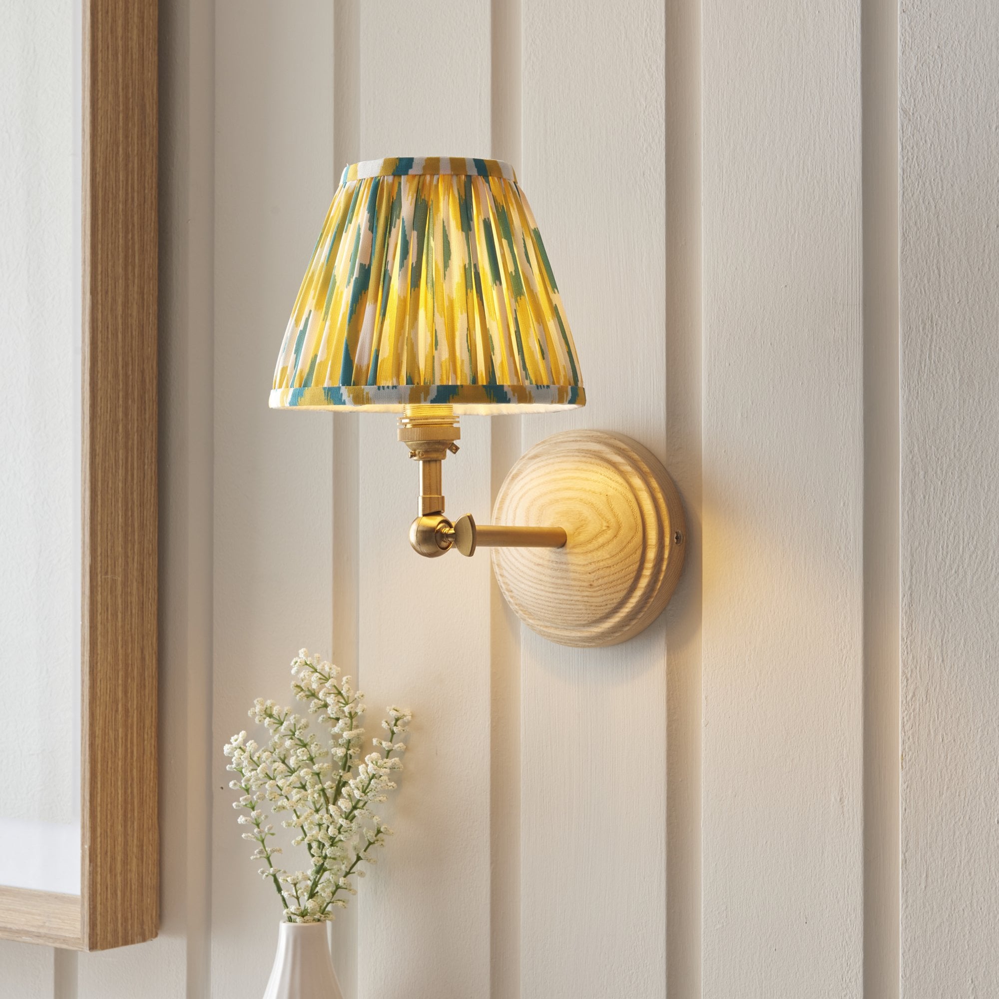 Endon Wood Wing Wall Light & Ikat 16cm Yellow & Jade Shade