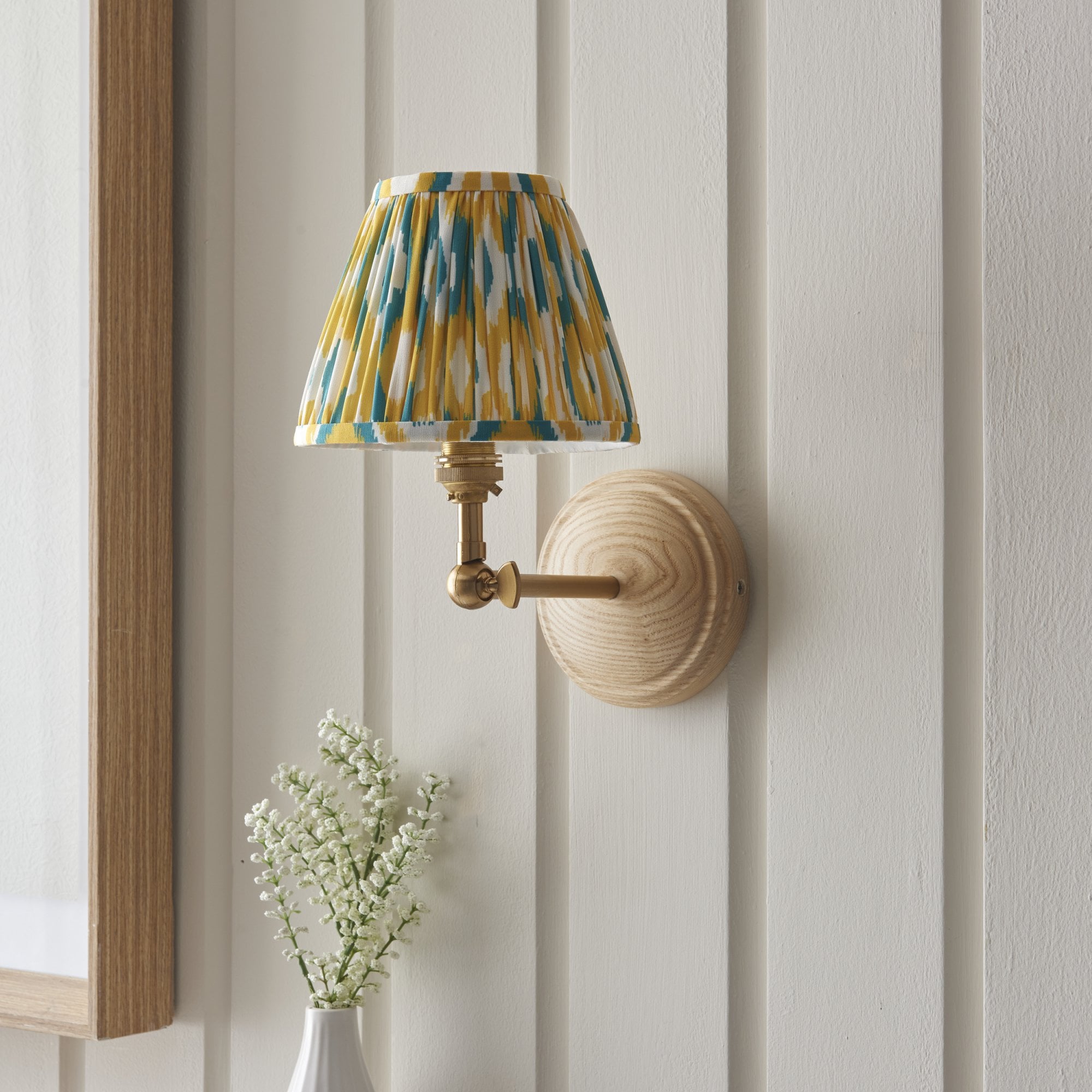 Endon Wood Wing Wall Light & Ikat 16cm Yellow & Jade Shade