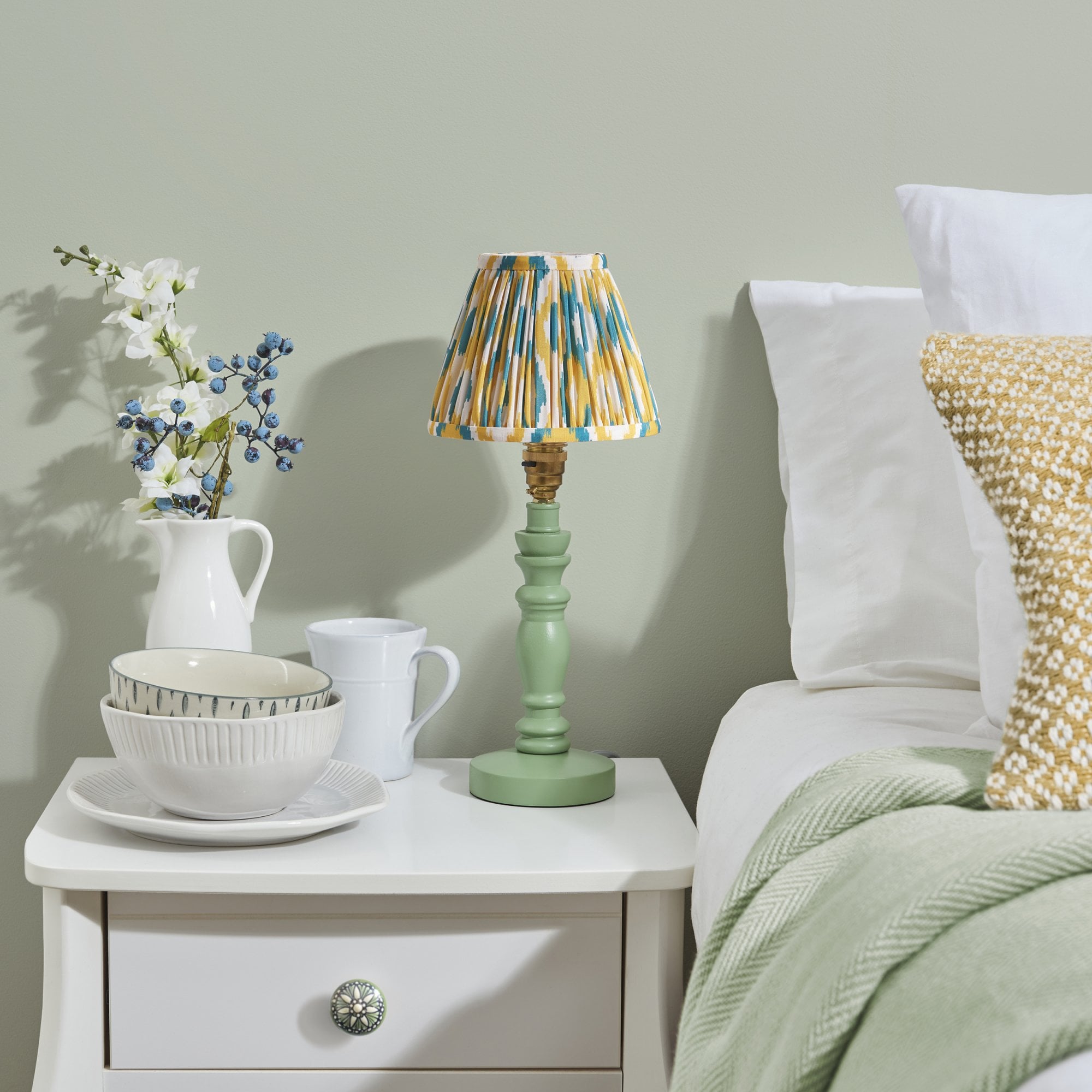 Endon Bibury Satin Cotswold Green Table Lamp & Ikat 16cm Yellow & Jade Shade