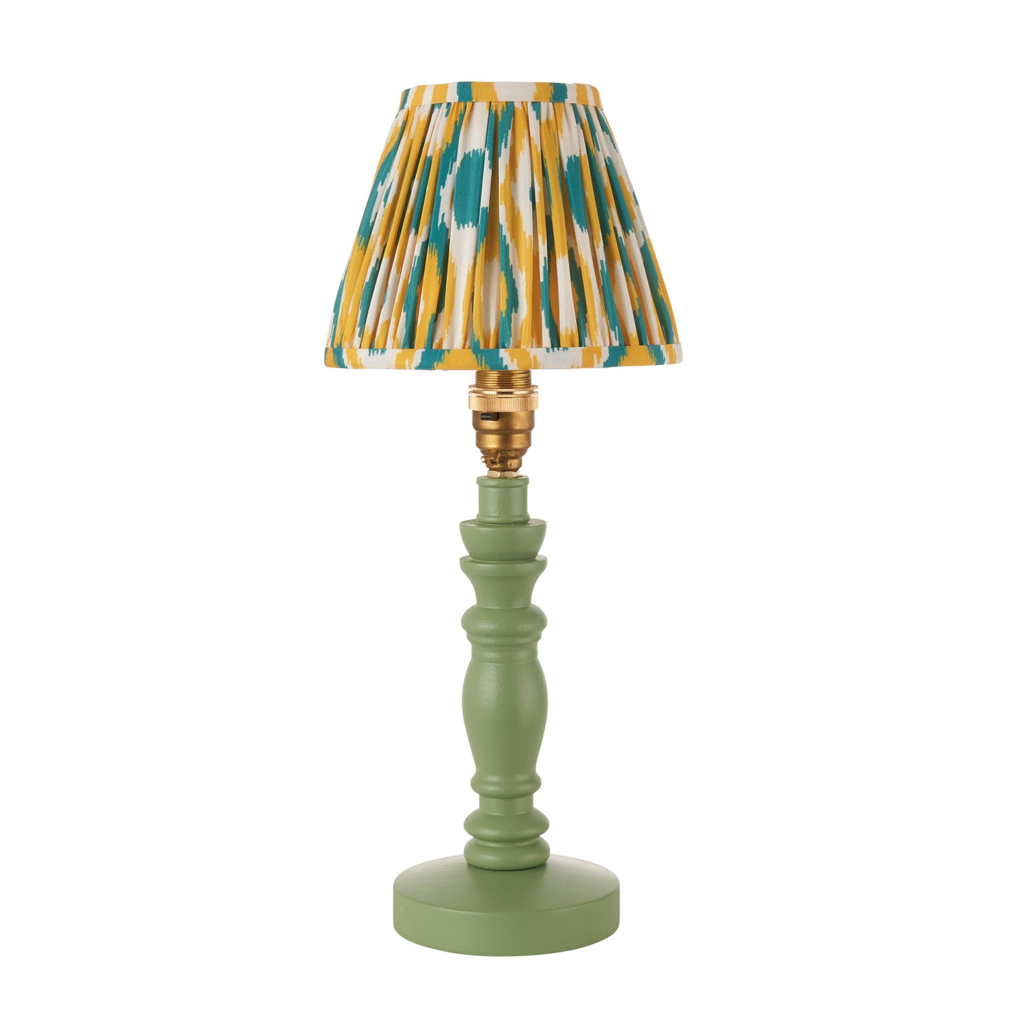 Endon Bibury Satin Cotswold Green Table Lamp & Ikat 16cm Yellow & Jade Shade