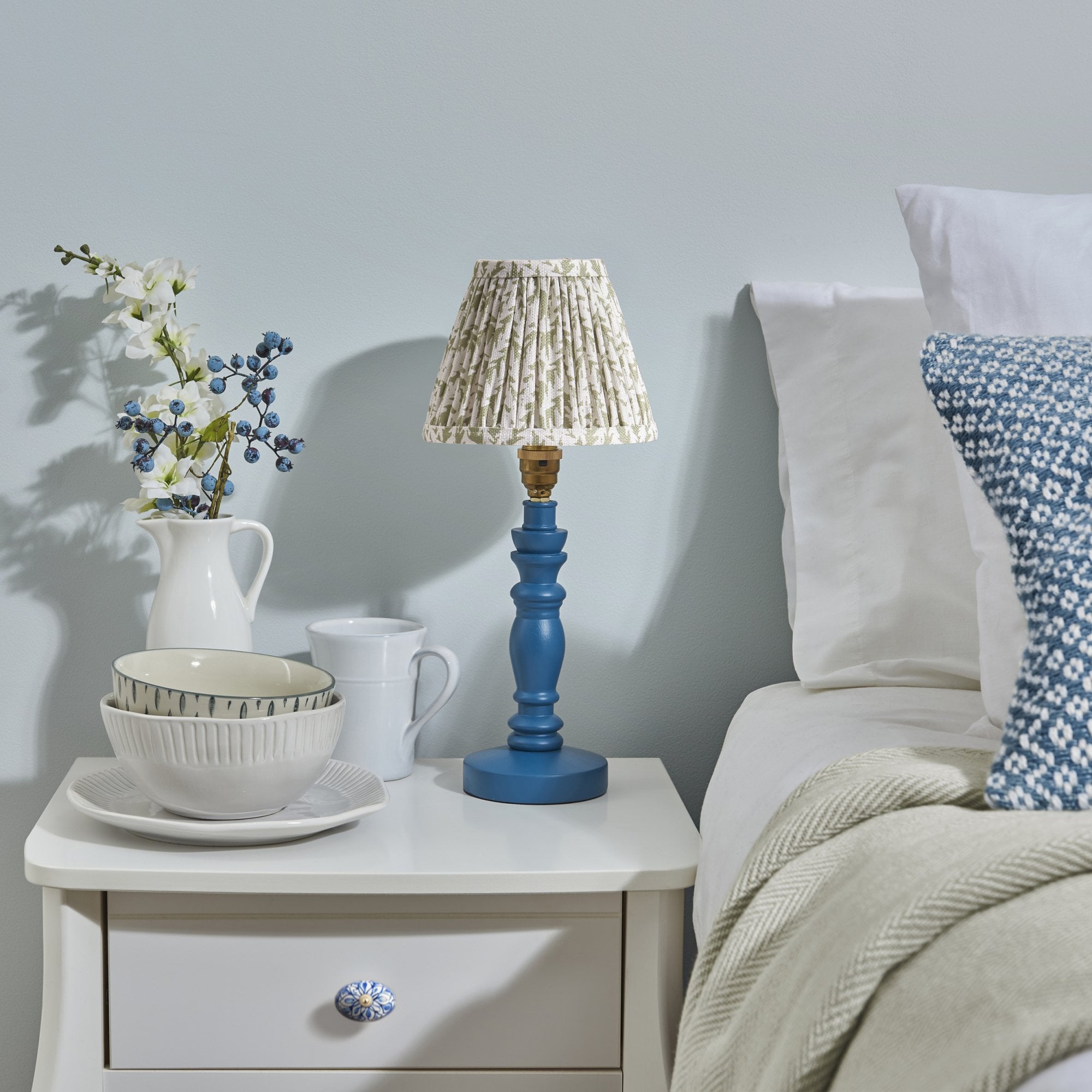 Endon Bibury Satin Marlin Blue Table Lamp & Leaf 16cm Herb Garden Green Shade
