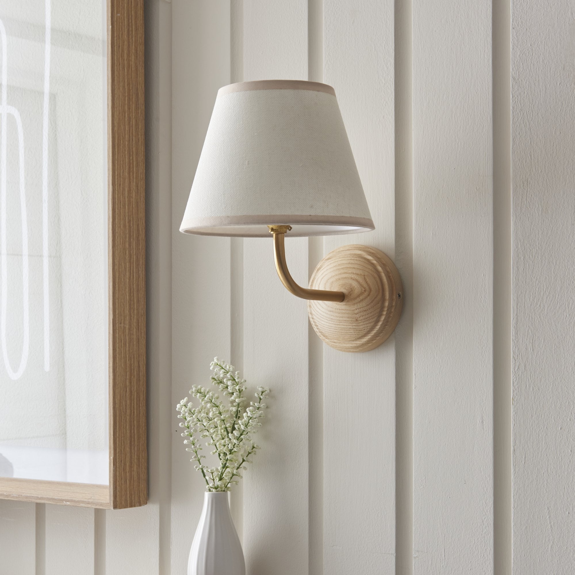 Endon Wood Arc Wall Light & Ivy 20cm Vintage White Shade