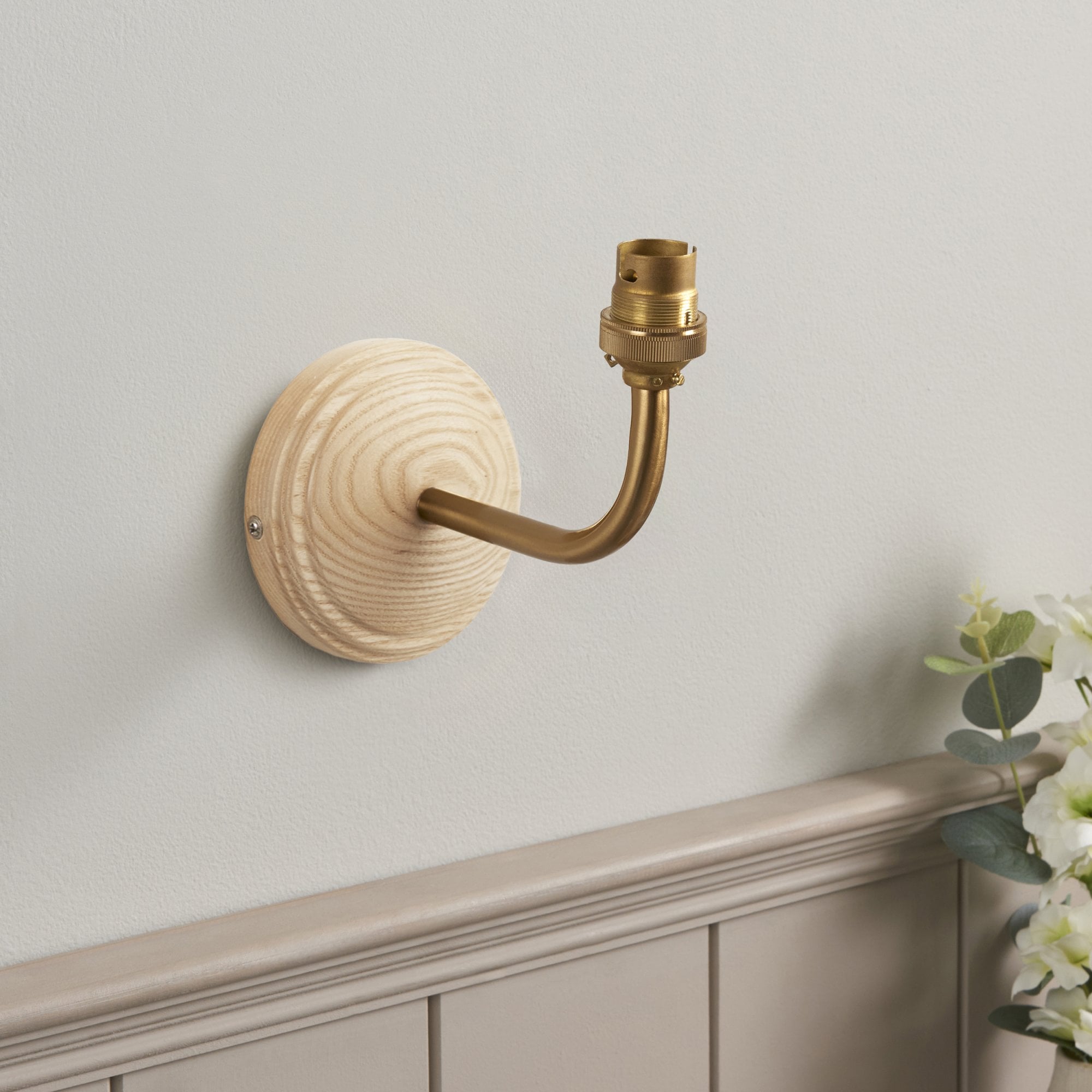 Endon Wood Arc Wall Light & Ivy 20cm Vintage White Shade