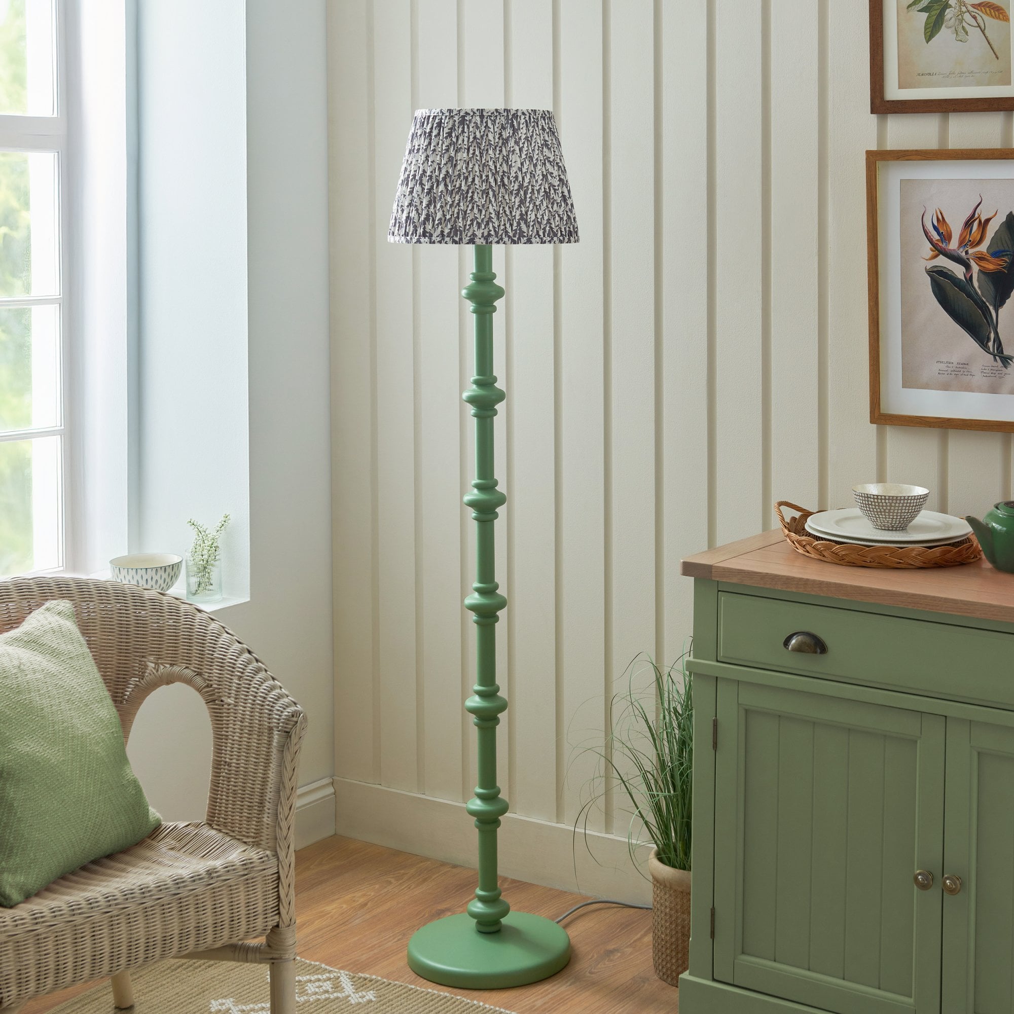 Endon Carnaby Satin Cotswold Green Floor Lamp & Leaf 35cm Pearl Grey Shade