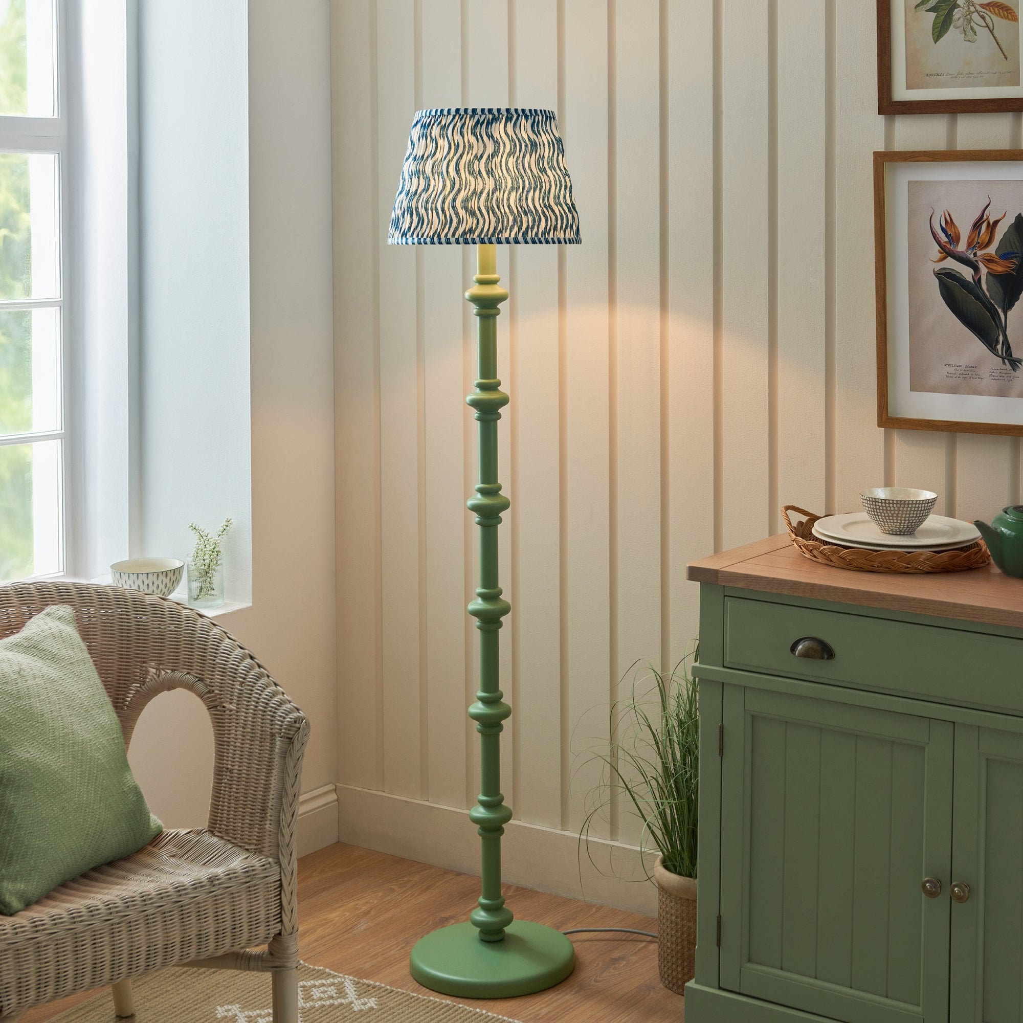 Endon Carnaby Satin Cotswold Green Floor Lamp & Ripple 35cm Marlin Blue Shade